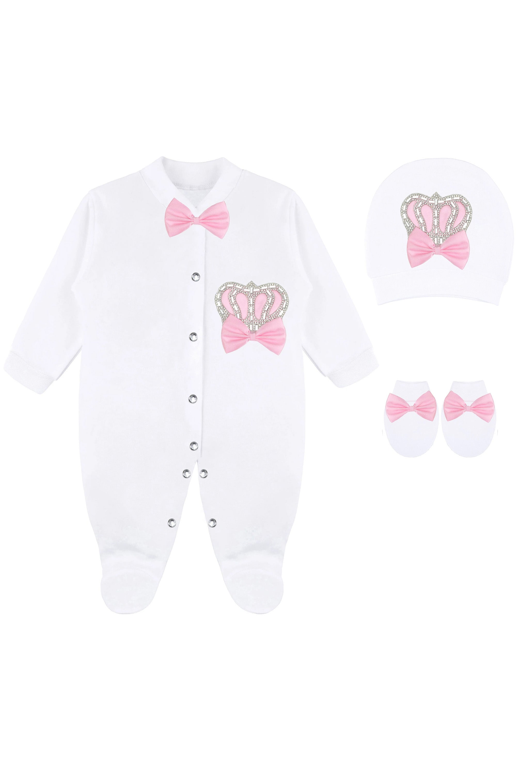 Jeweled crown newborn layette with footie, hat, mittens with bows; perfect christmas pajamas and christmas gift ideas