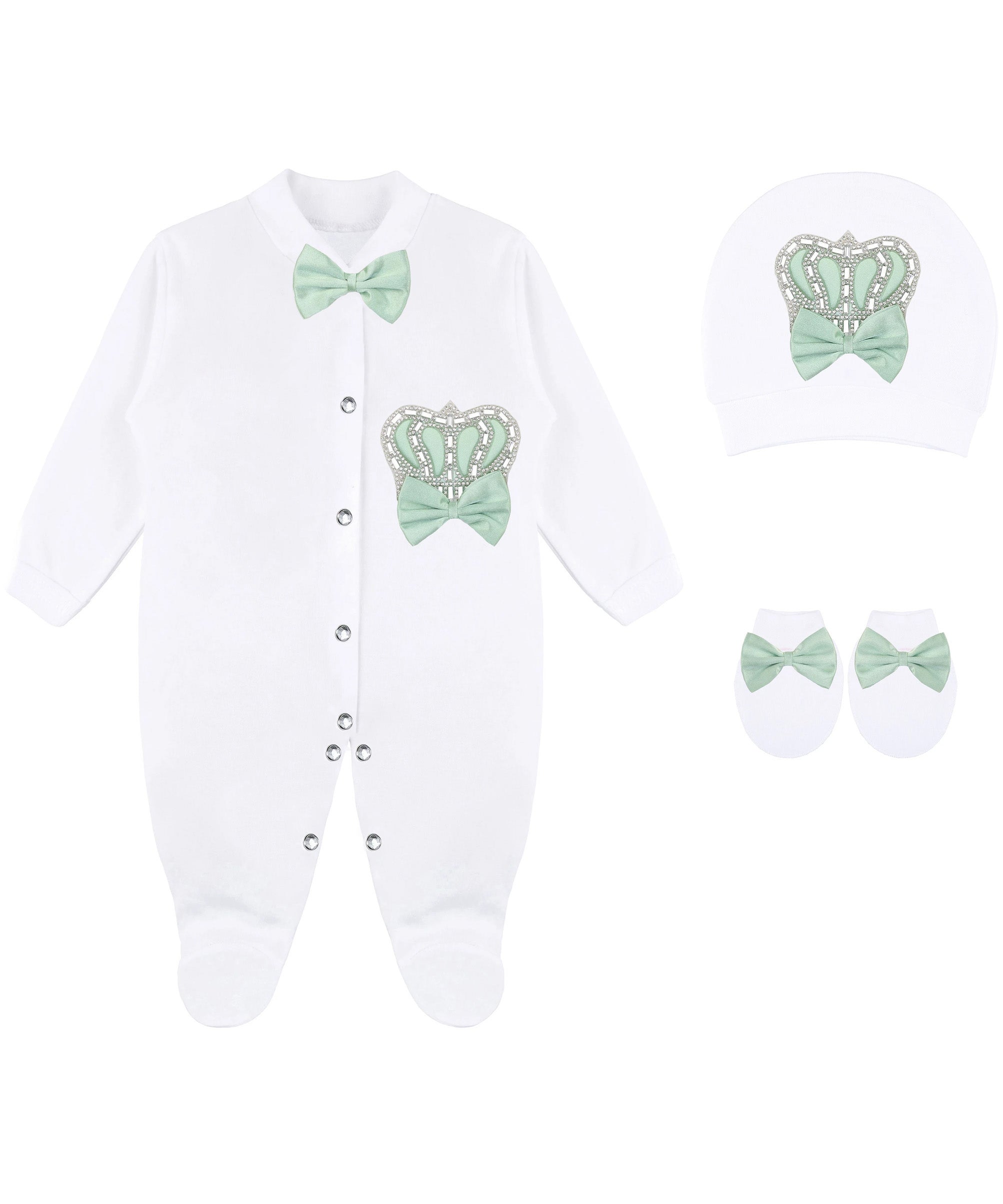 Jeweled crown newborn layette with footie, hat, mittens with bows; perfect christmas pajamas and christmas gift ideas