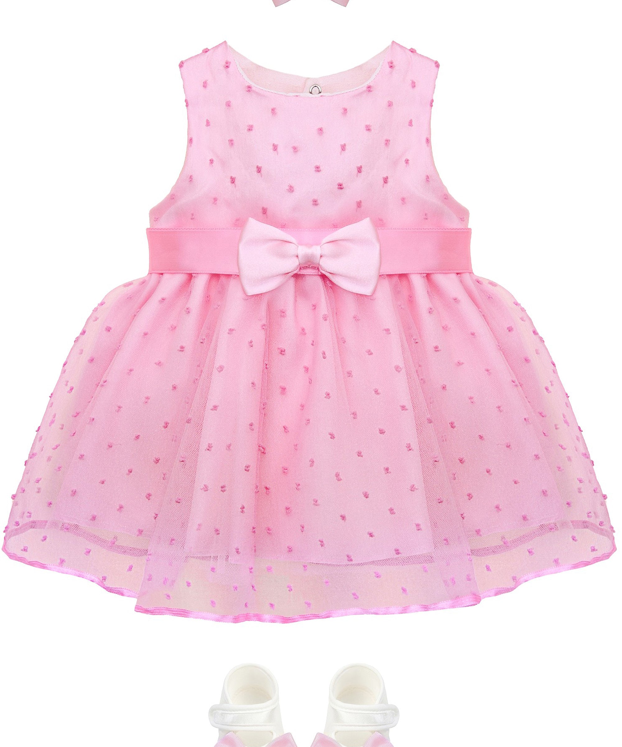 Baby girl tulle polka dot sleeveless dress with satin belt and matching shoes & headband; perfect for christmas gift ideas 