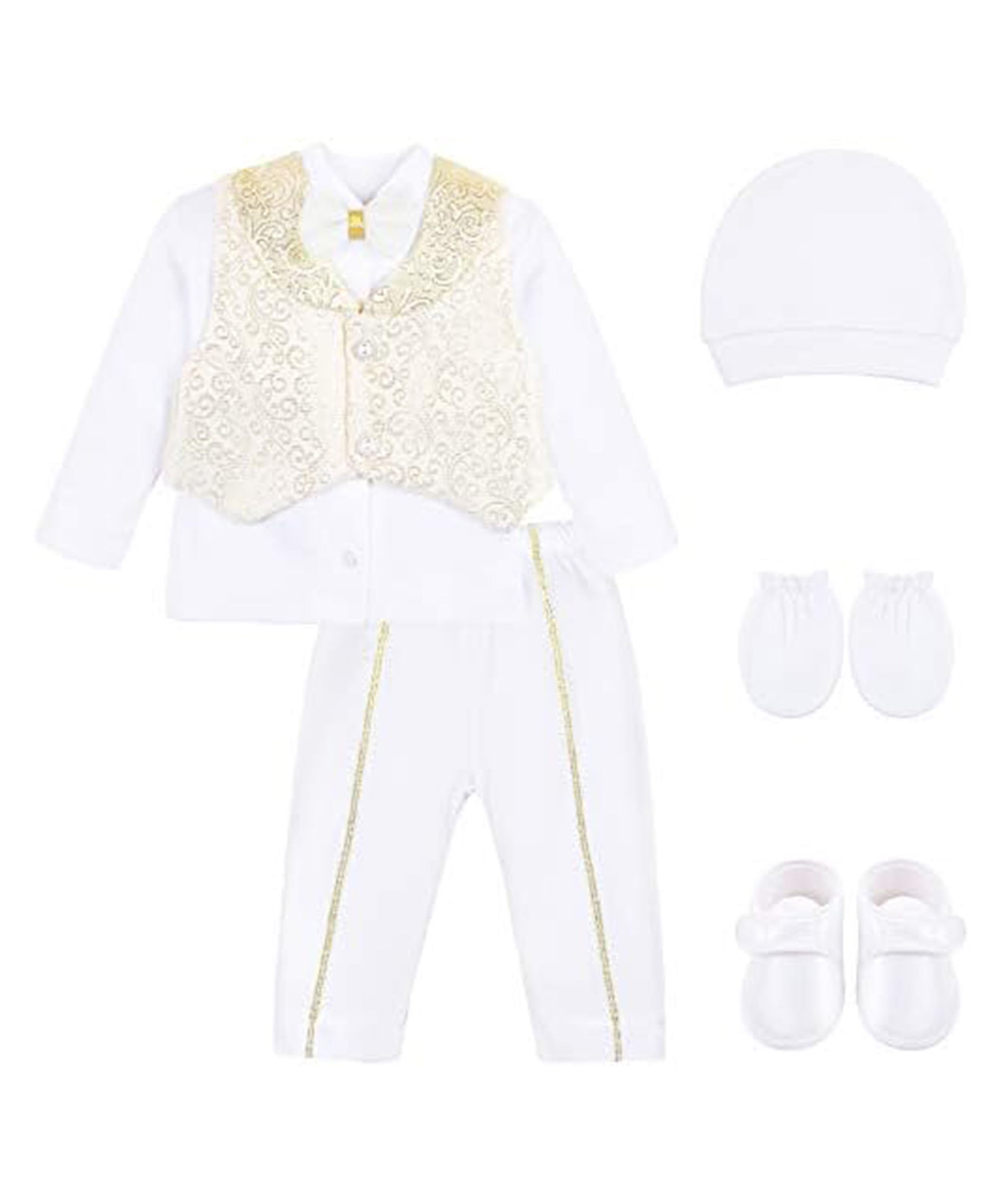 Baby boys 6 piece tuxedo suit with jacket, shirt, pants, vest, hat, mittens and shoes; perfect christmas gift ideas