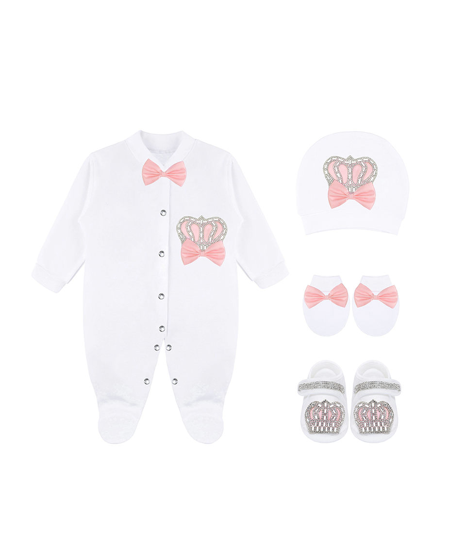 Newborn Baby 4-Piece Cotton Jeweled Layette Gift Set