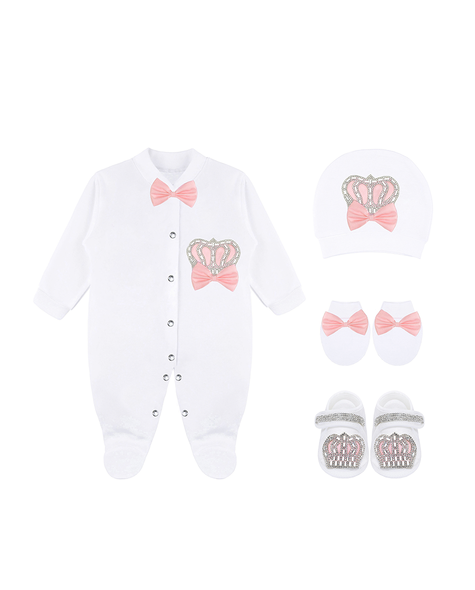 Newborn Baby 4-Piece Cotton Jeweled Layette Gift Set