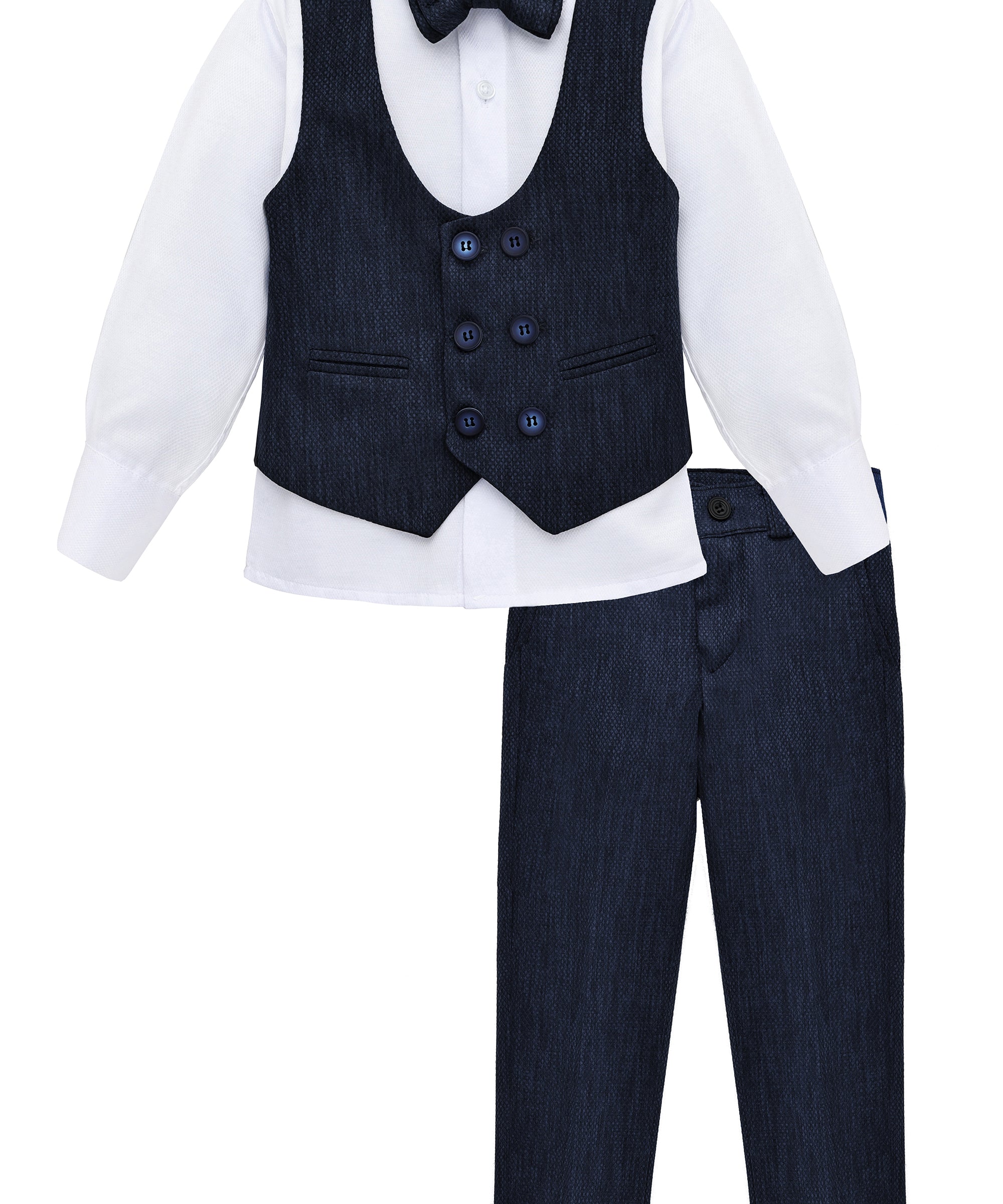 Boys 4 piece tuxedo suit with shirt, pants, vest and bow tie; perfect for baby boy clothes & christmas gift ideas  