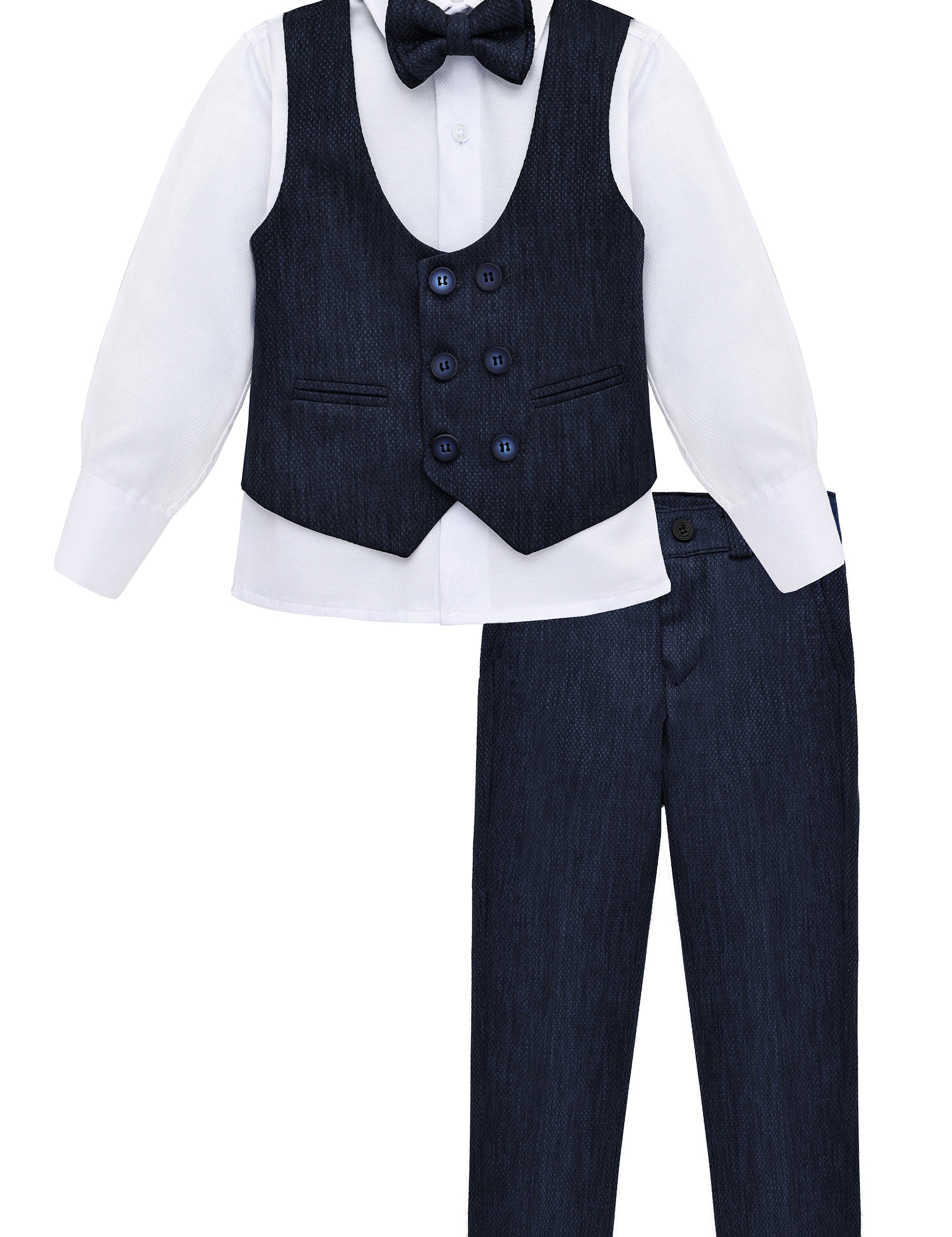 Boys 4 piece tuxedo suit with shirt, pants, vest and bow tie; perfect for baby boy clothes & christmas gift ideas  