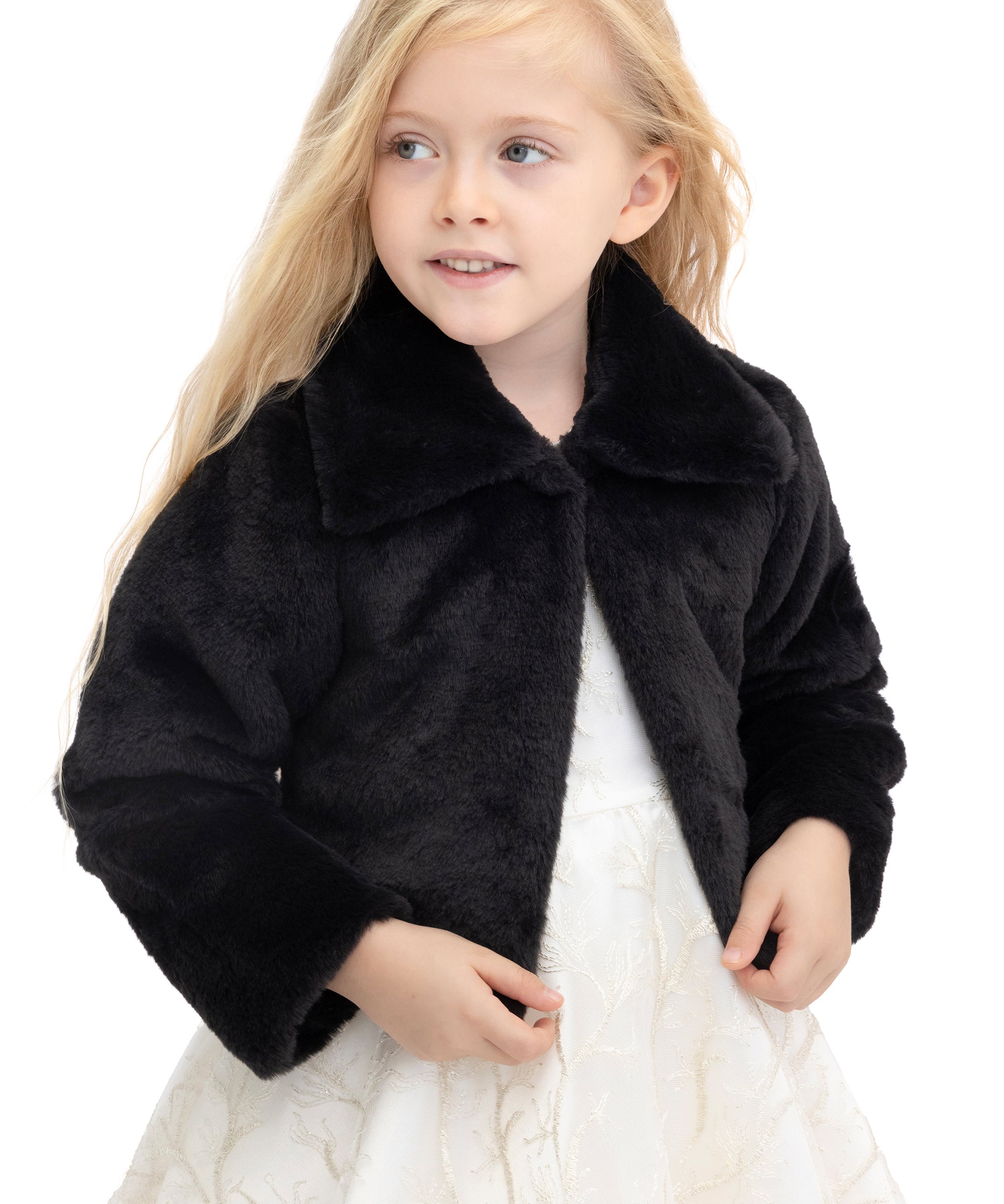 Puffy cozy girls’ bolero jacket with oversized collar; perfect girls christmas dress and Christmas gift ideas 