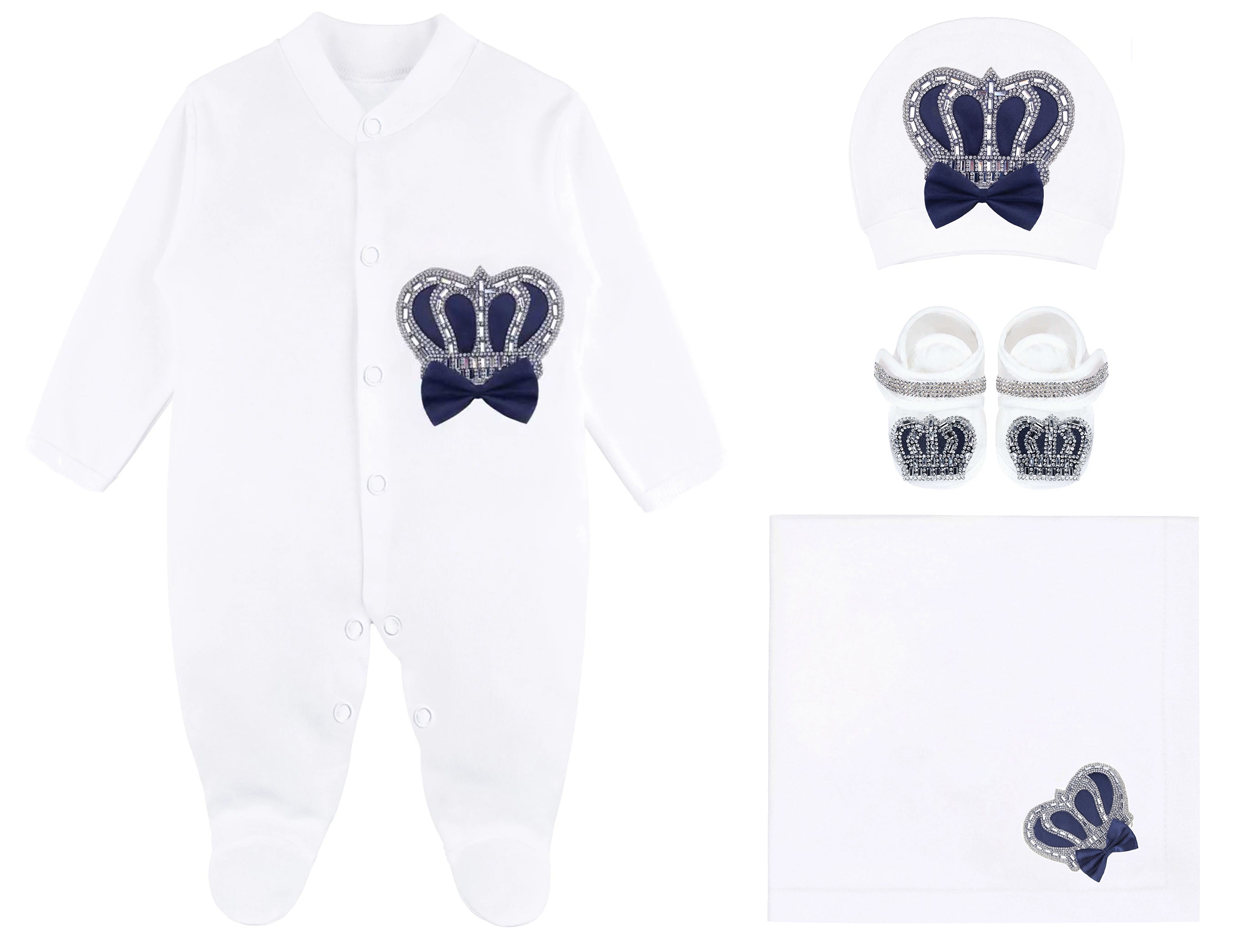 Jeweled crown layette with footie, hat, mittens with bows; perfect Christmas pajamas, baby essentials, Christmas gift ideas 