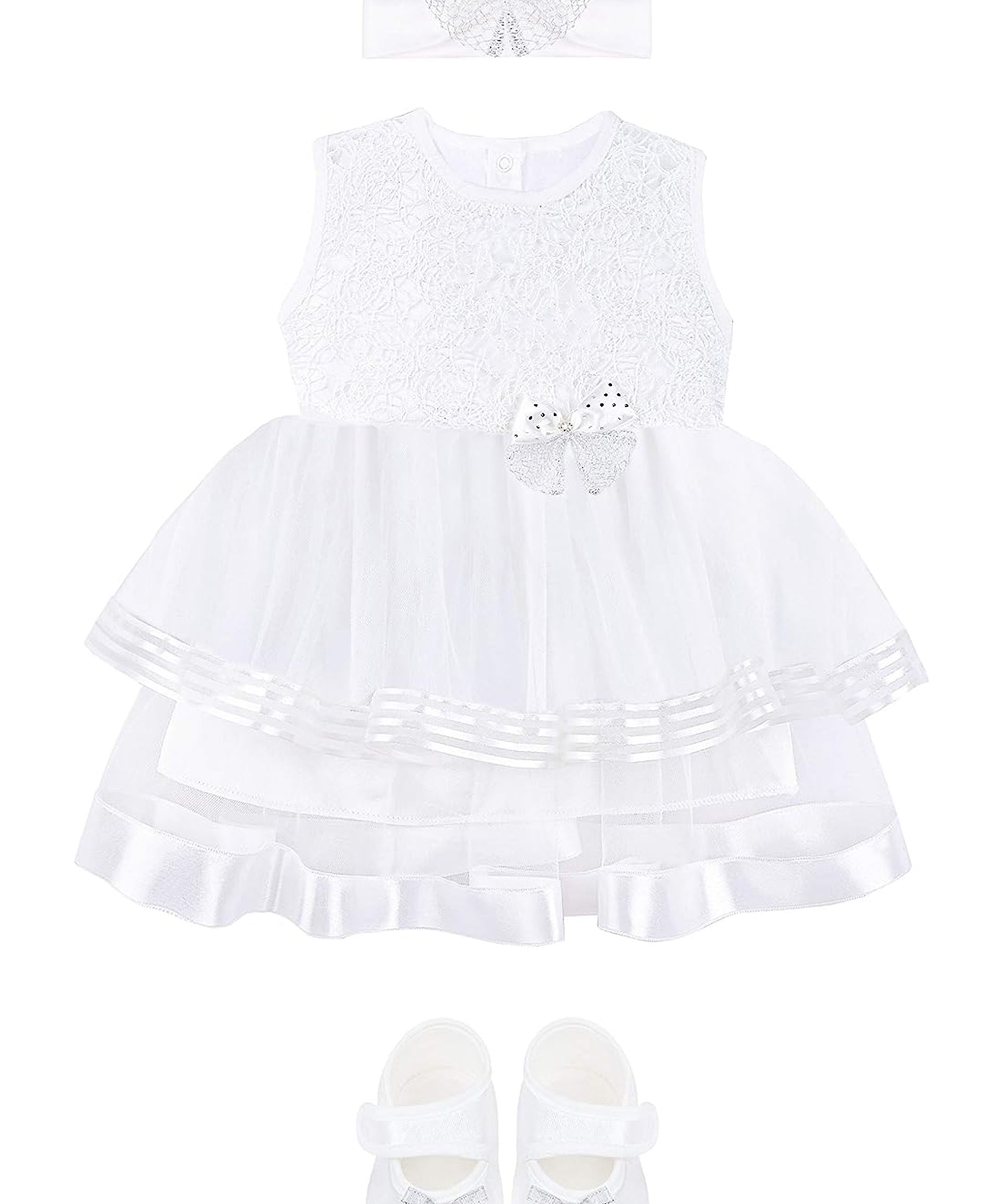 Newborn baby girl dress with layered shirt and llace flower details with matching headband & shoes; for christening & Christmas gift ideas