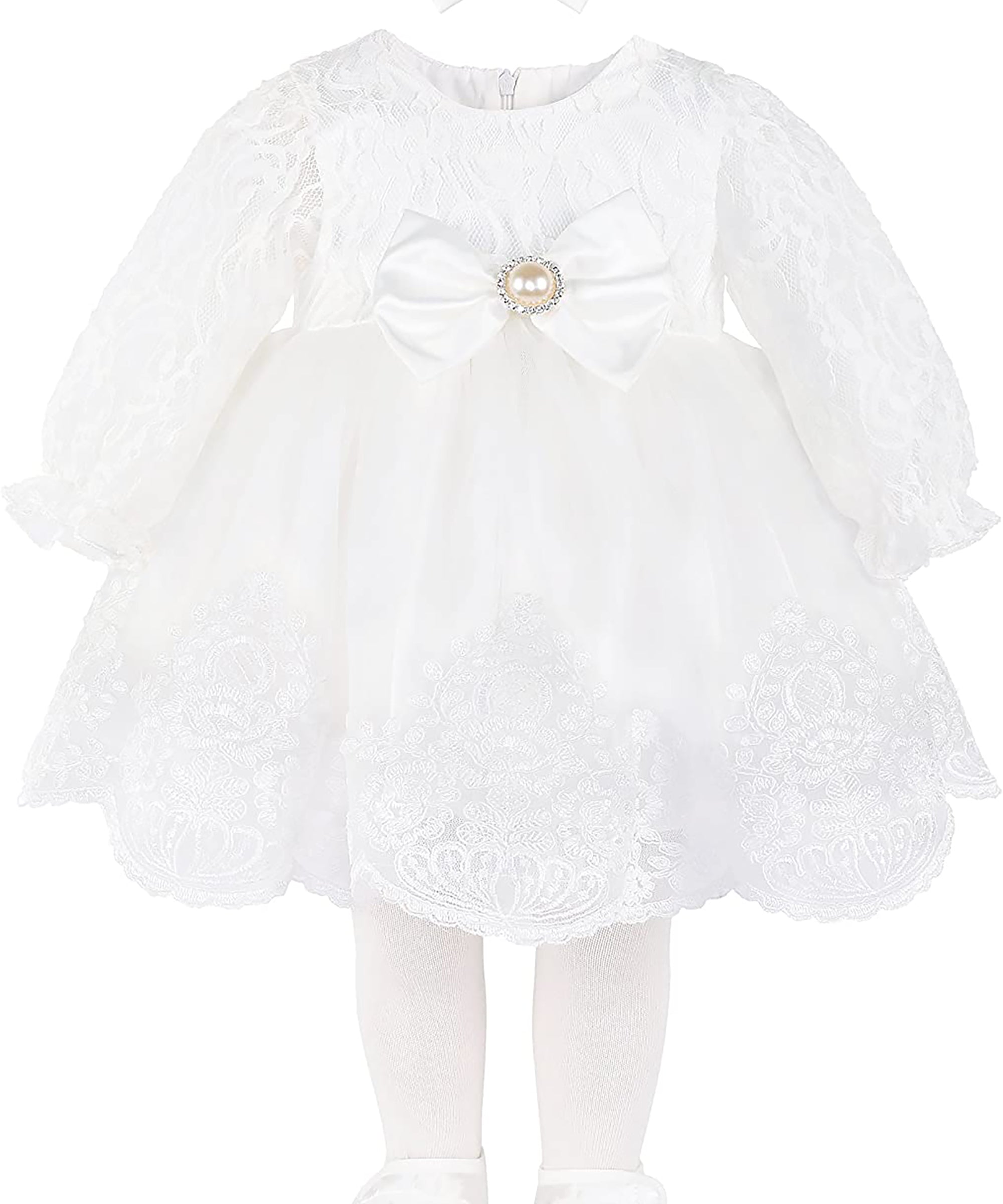 Baby white lace dress with bow at waistline and matching shoes & headband; for christening, baptism & Christmas gift ideas 