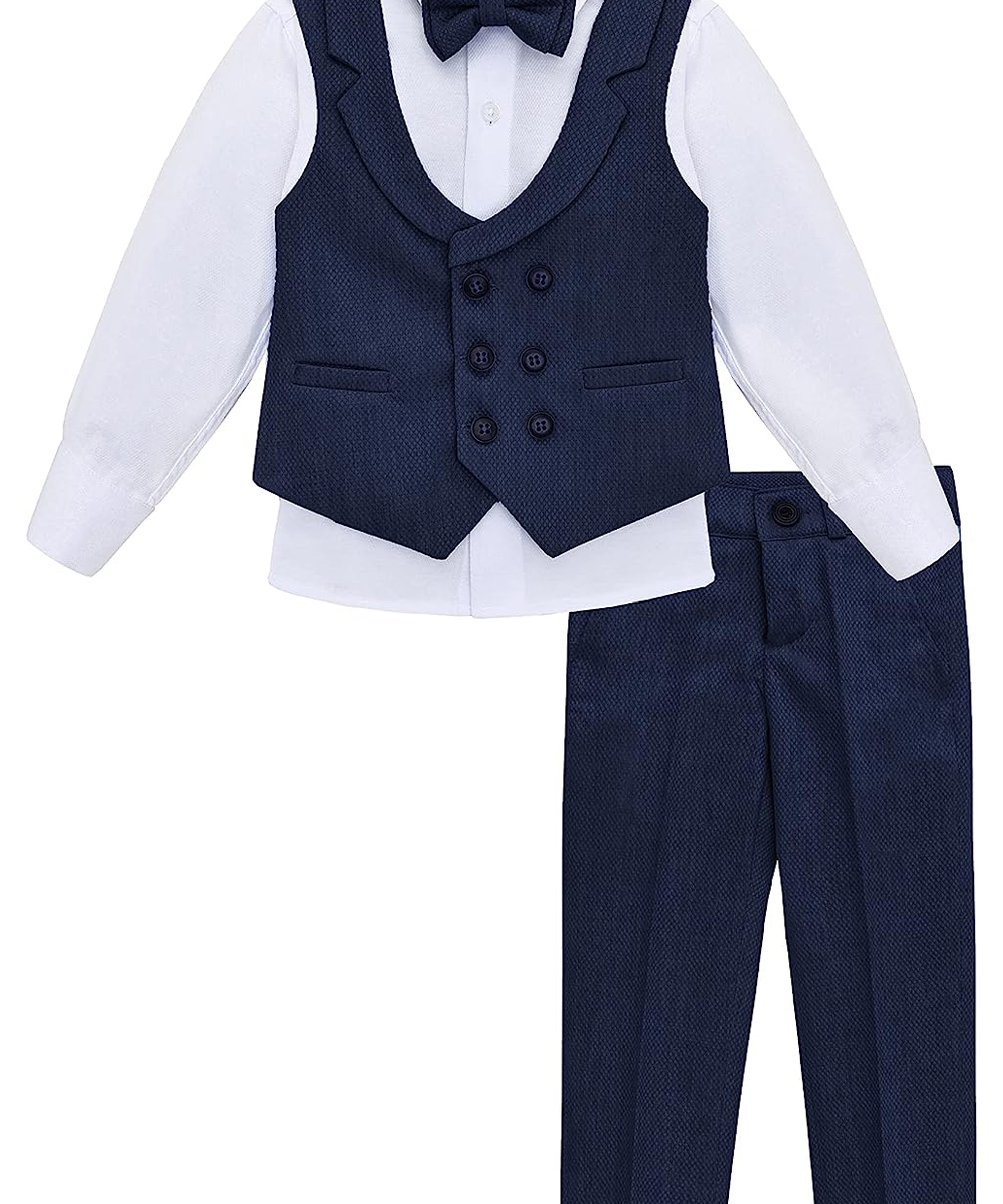 Boys 4 piece tuxedo suit with shirt, pants, vest and bow tie; perfect for baby boy clothes & christmas gift ideas  