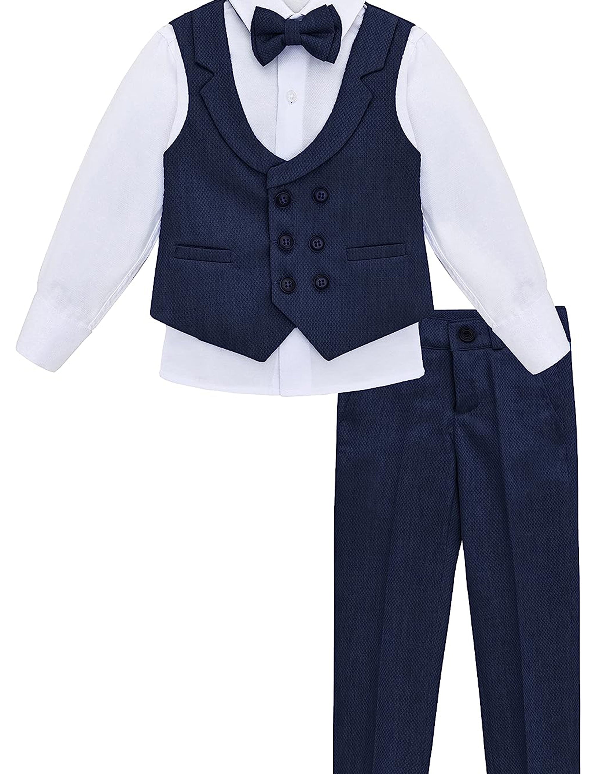 Boys 4 piece tuxedo suit with shirt, pants, vest and bow tie; perfect for baby boy clothes & christmas gift ideas  