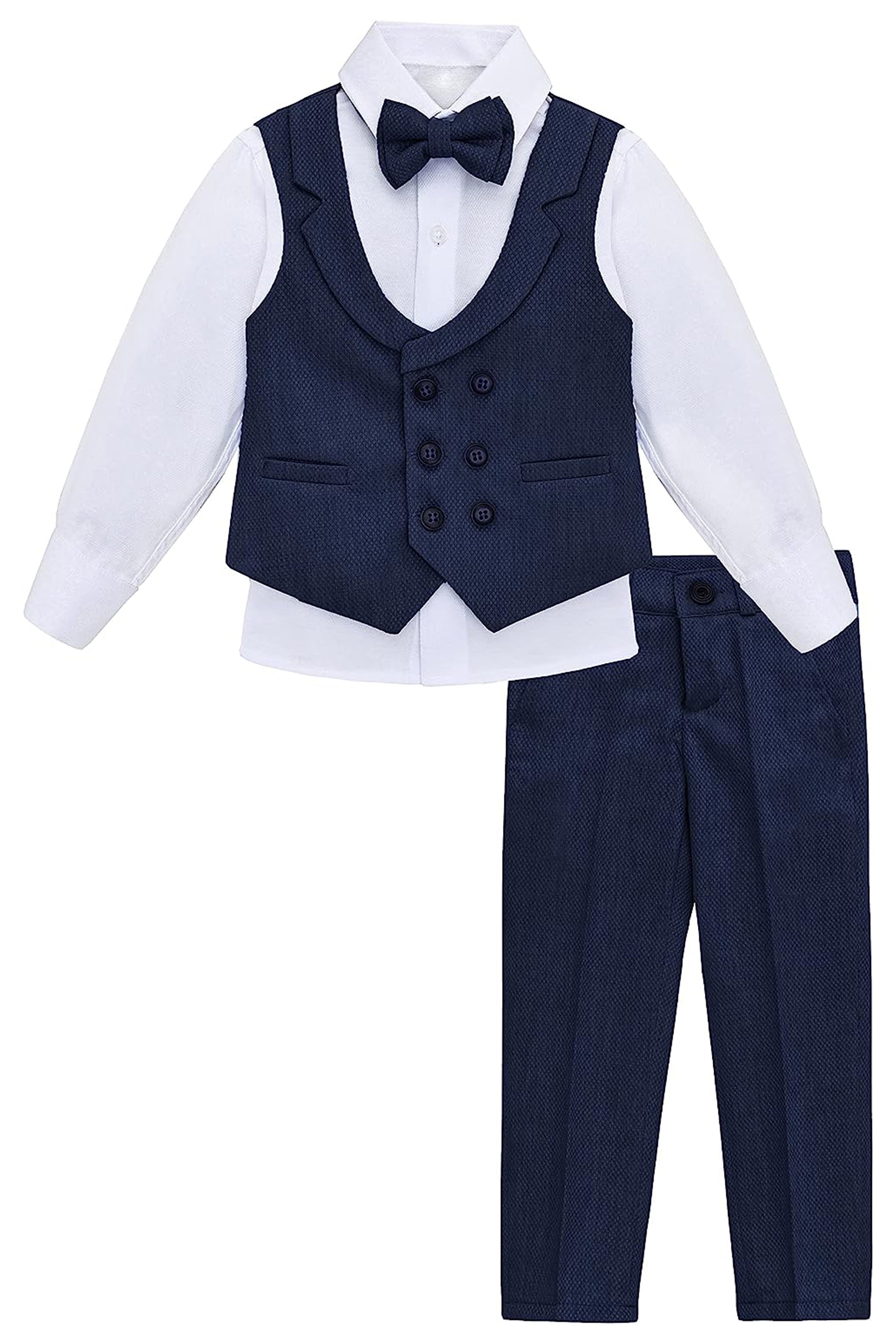 Little & Youth Boys Formal Suit Set Slim Fit Vest, White Dress Shirt, Dress Pants and Bowtie 4 Piece LILAX