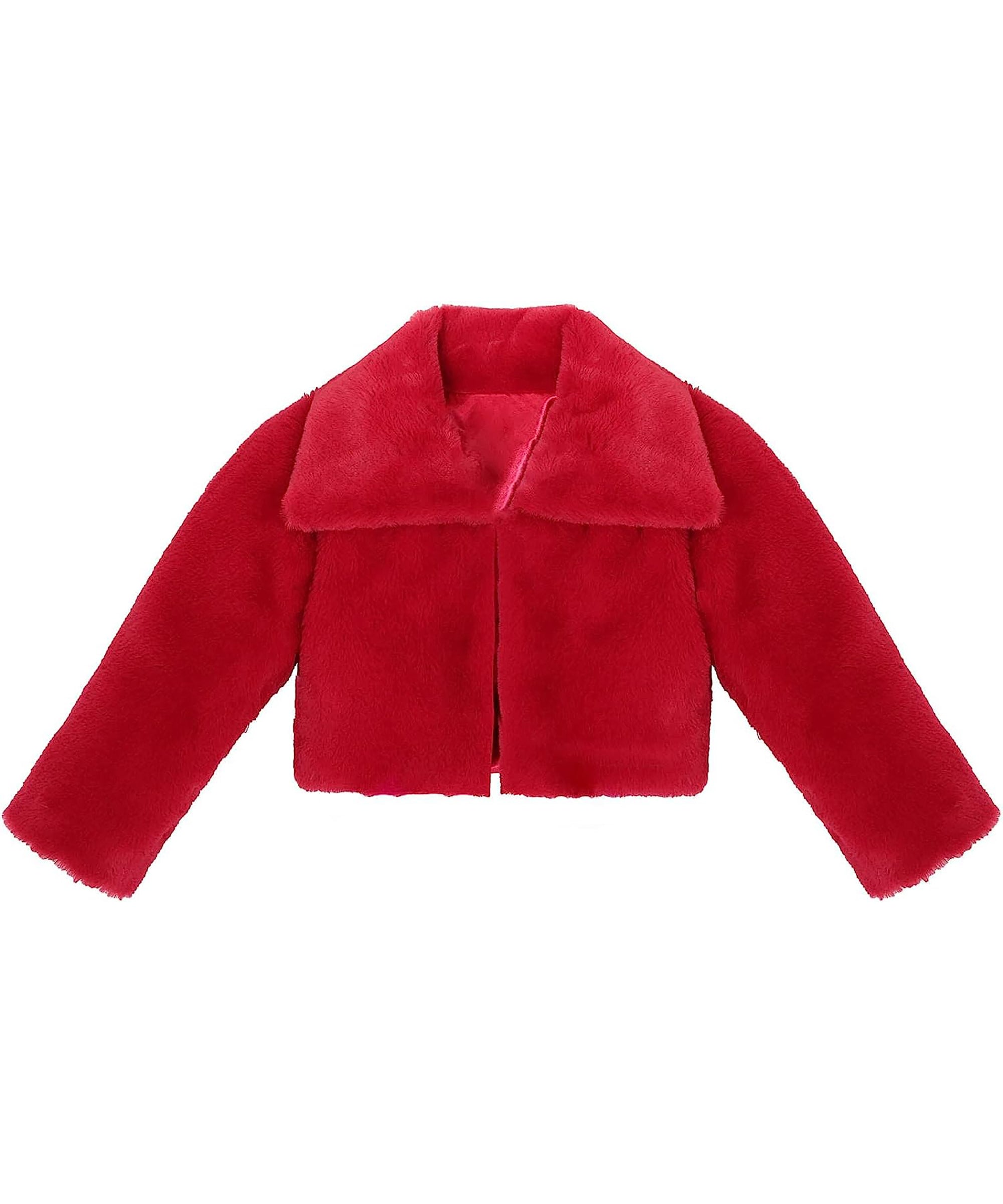 Puffy cozy girls’ bolero jacket with oversized collar and tied bow; perfect girls christmas dress and Christmas gift ideas 