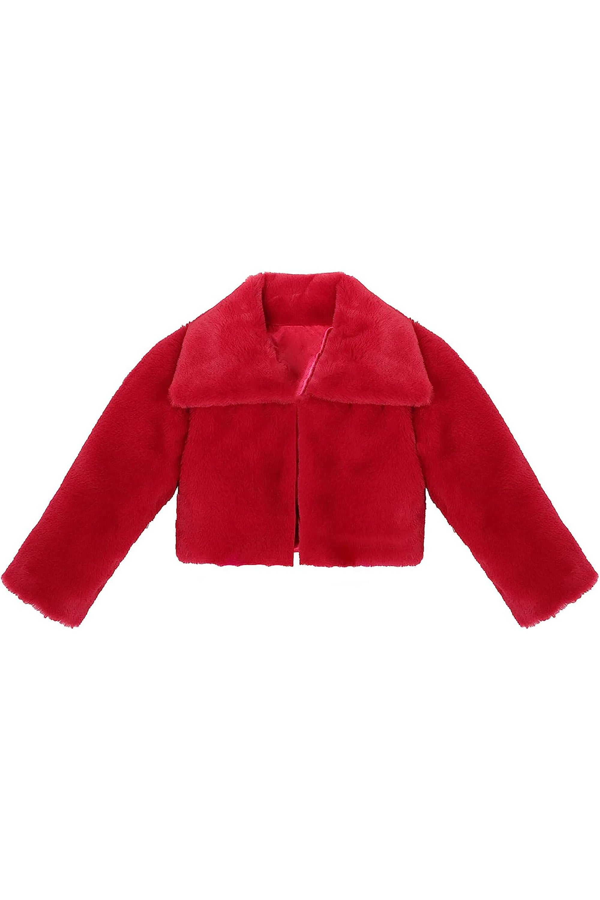 Puffy cozy girls’ bolero jacket with oversized collar and tied bow; perfect girls christmas dress and Christmas gift ideas