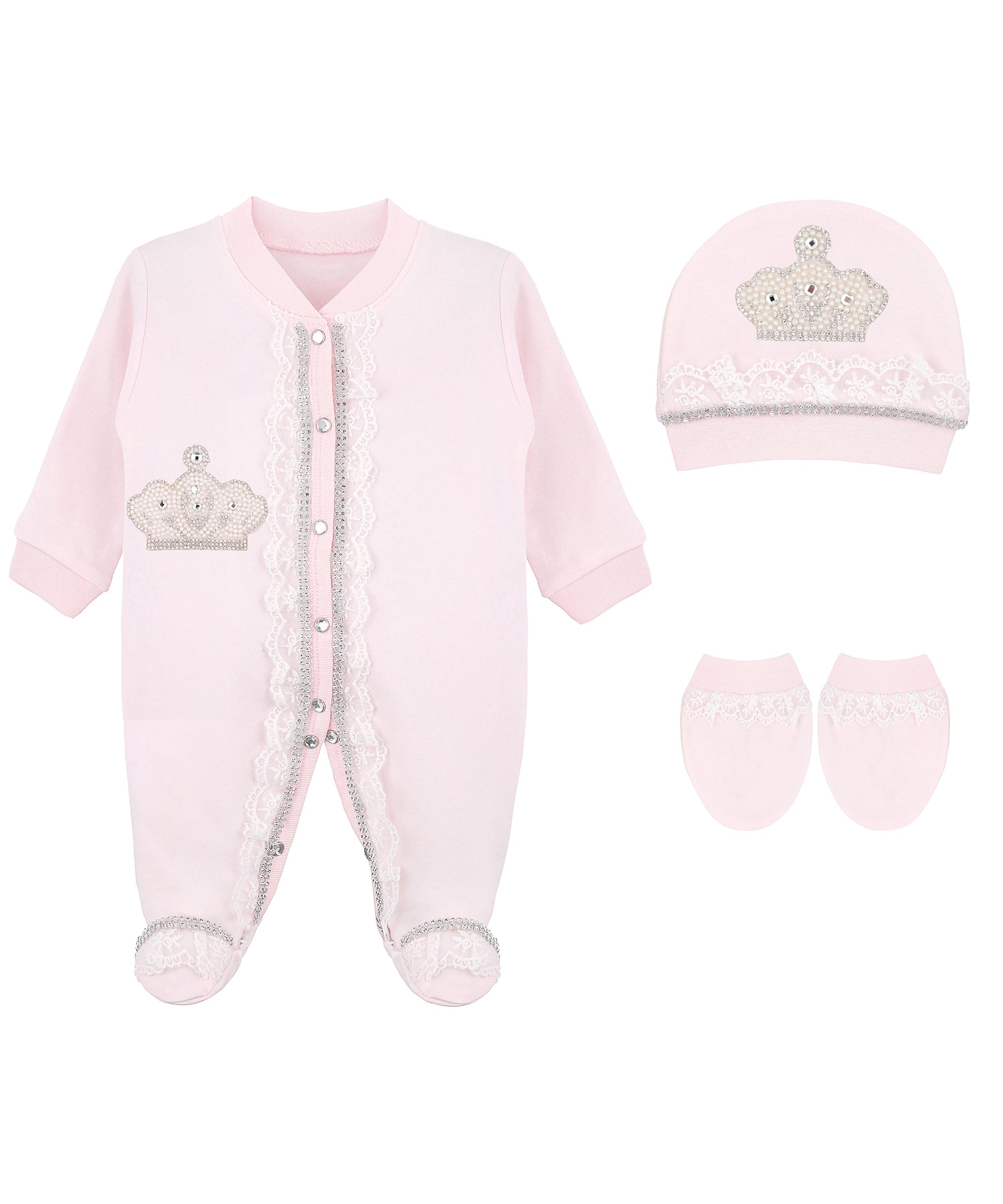 Jeweled crown newborn layette with footie, hat, mittens with bows; perfect christmas pajamas and Christmas gift ideas