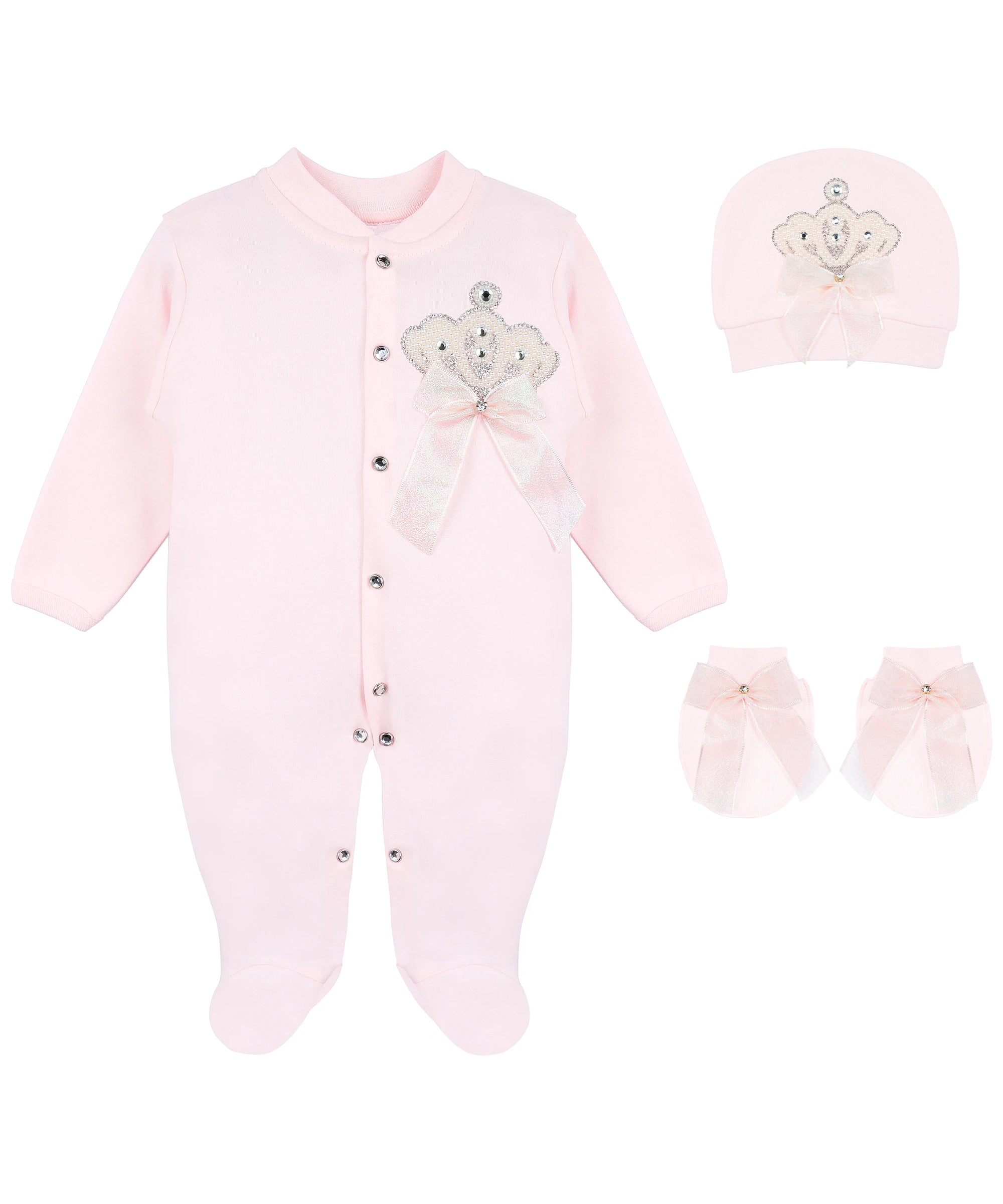 Jeweled crown newborn layette with footie, hat, mittens with bows; perfect christmas pajamas and Christmas gift ideas