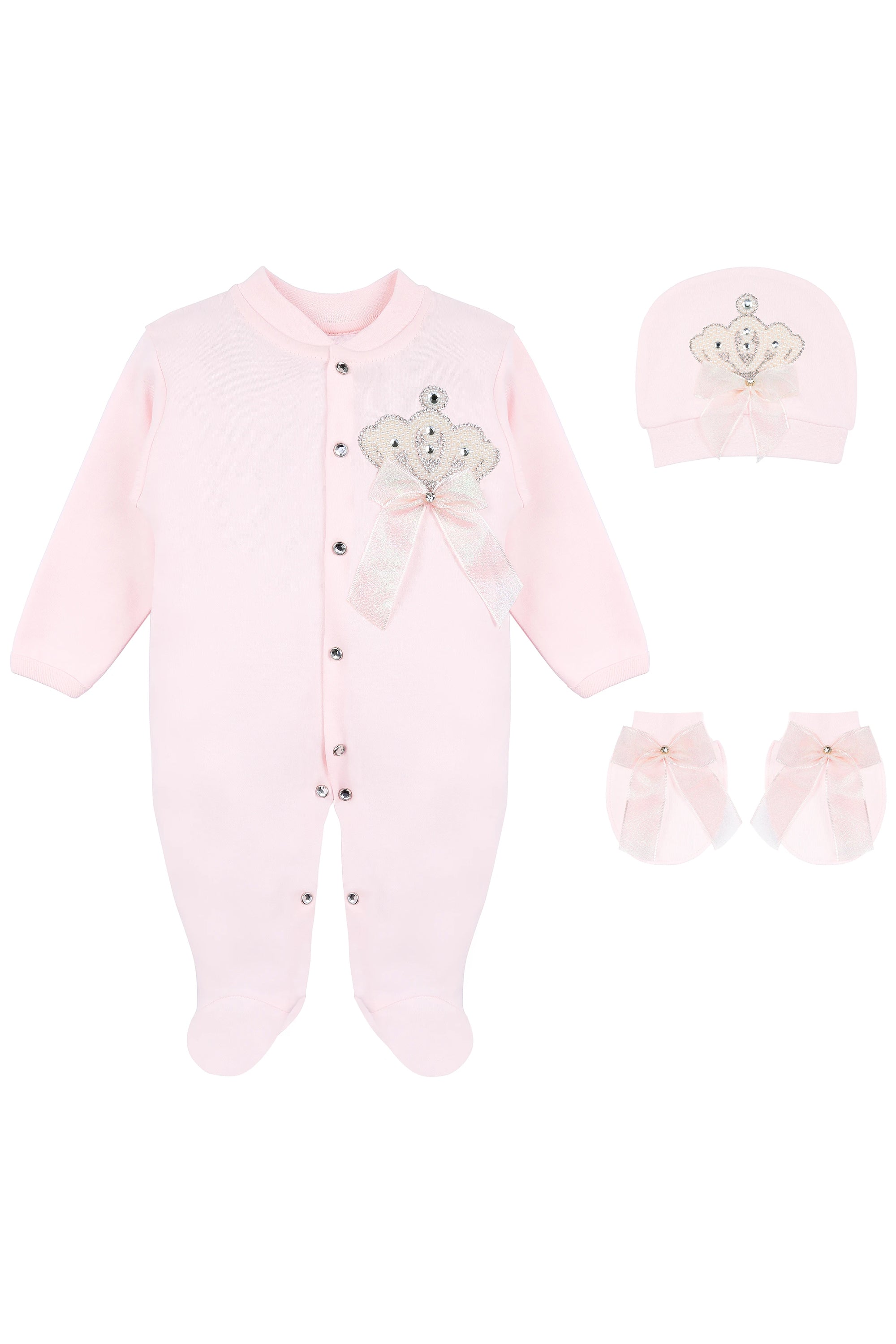 Jeweled crown newborn layette with footie, hat, mittens with bows; perfect christmas pajamas and Christmas gift ideas