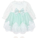 Newborn baby girl dress with lace flower details and  matching headband & shoes; for christening, baptism & Christmas gift ideas 