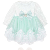 Newborn baby girl dress with lace flower details and  matching headband & shoes; for christening, baptism & Christmas gift ideas 