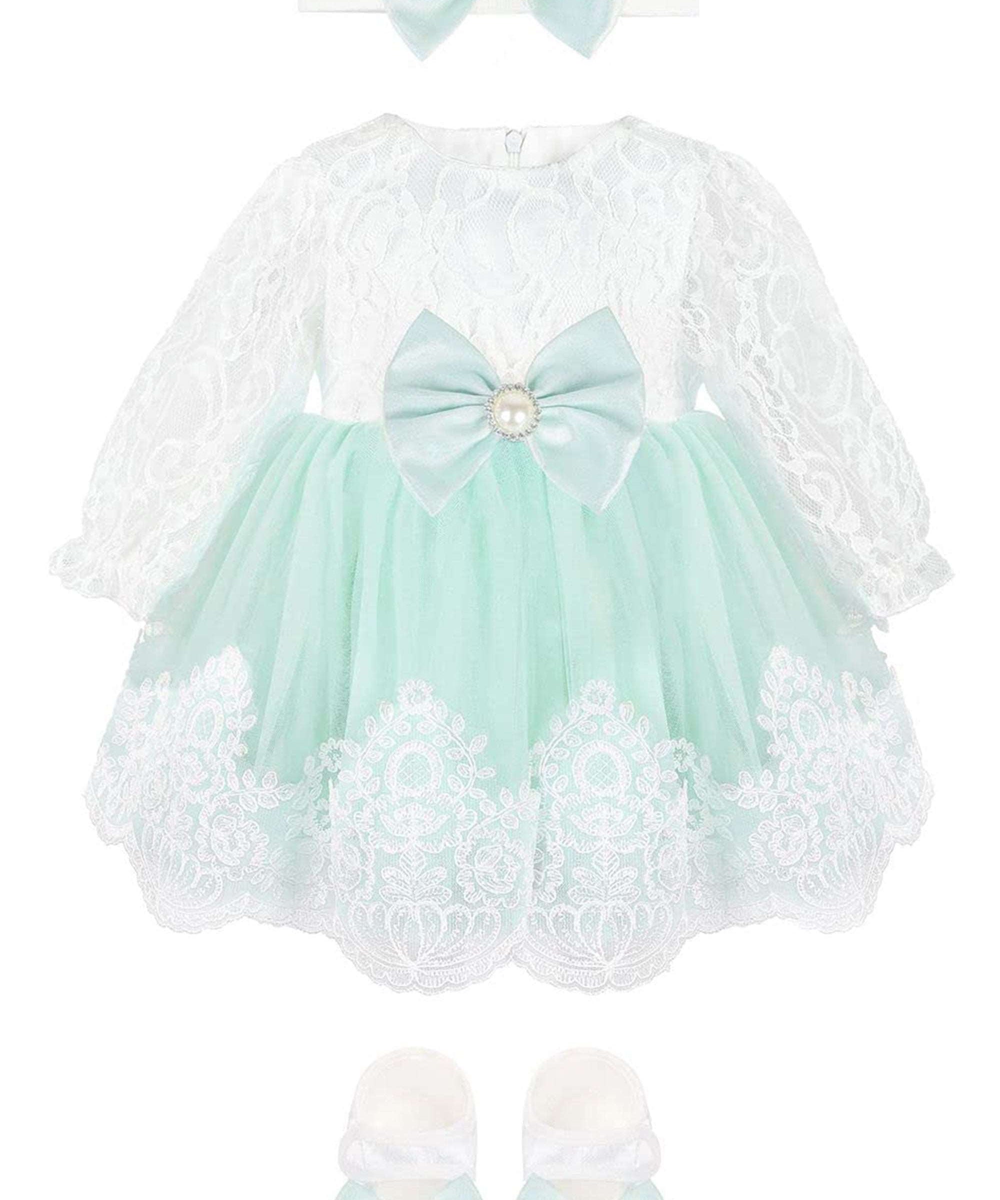 Newborn baby girl dress with lace flower details and  matching headband & shoes; for christening, baptism & Christmas gift ideas 