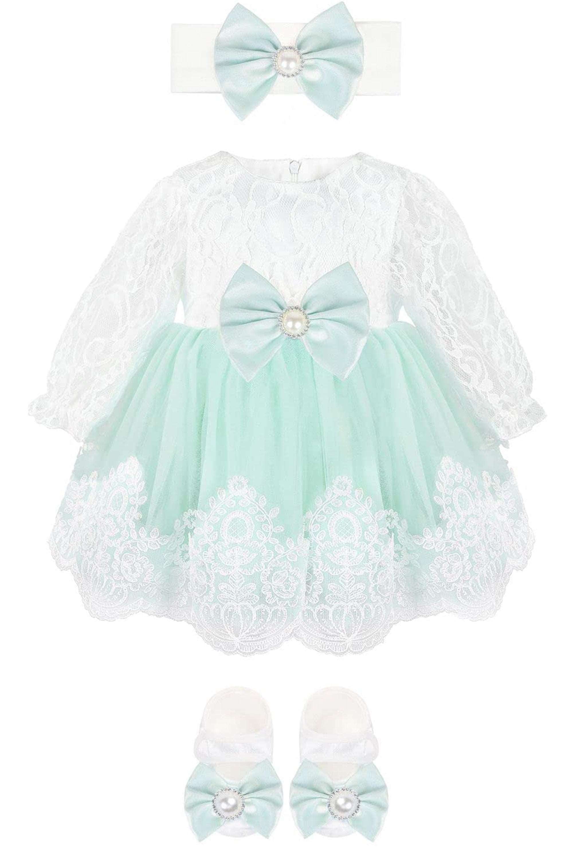 Newborn baby girl dress with lace flower details and  matching headband & shoes; for christening, baptism & Christmas gift ideas 