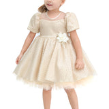 Baby girl gold dress with tulle skirt and polka dots; perfect for baby girl clothes & christmas gift ideas