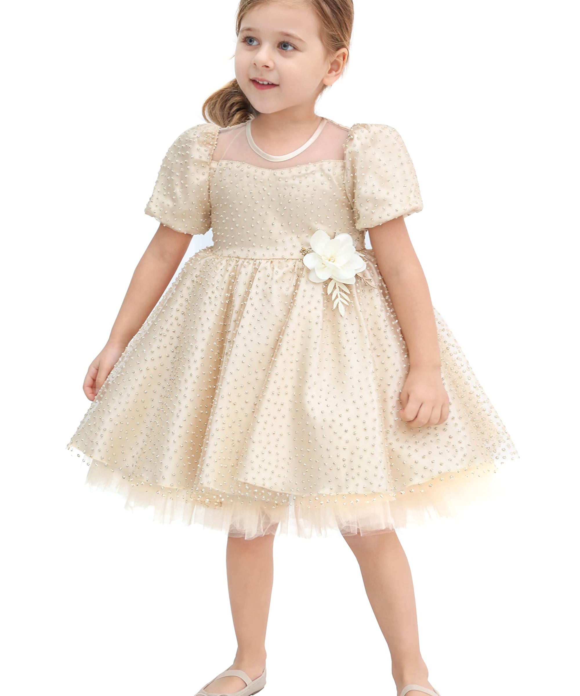 Baby girl gold dress with tulle skirt and polka dots; perfect for baby girl clothes & christmas gift ideas