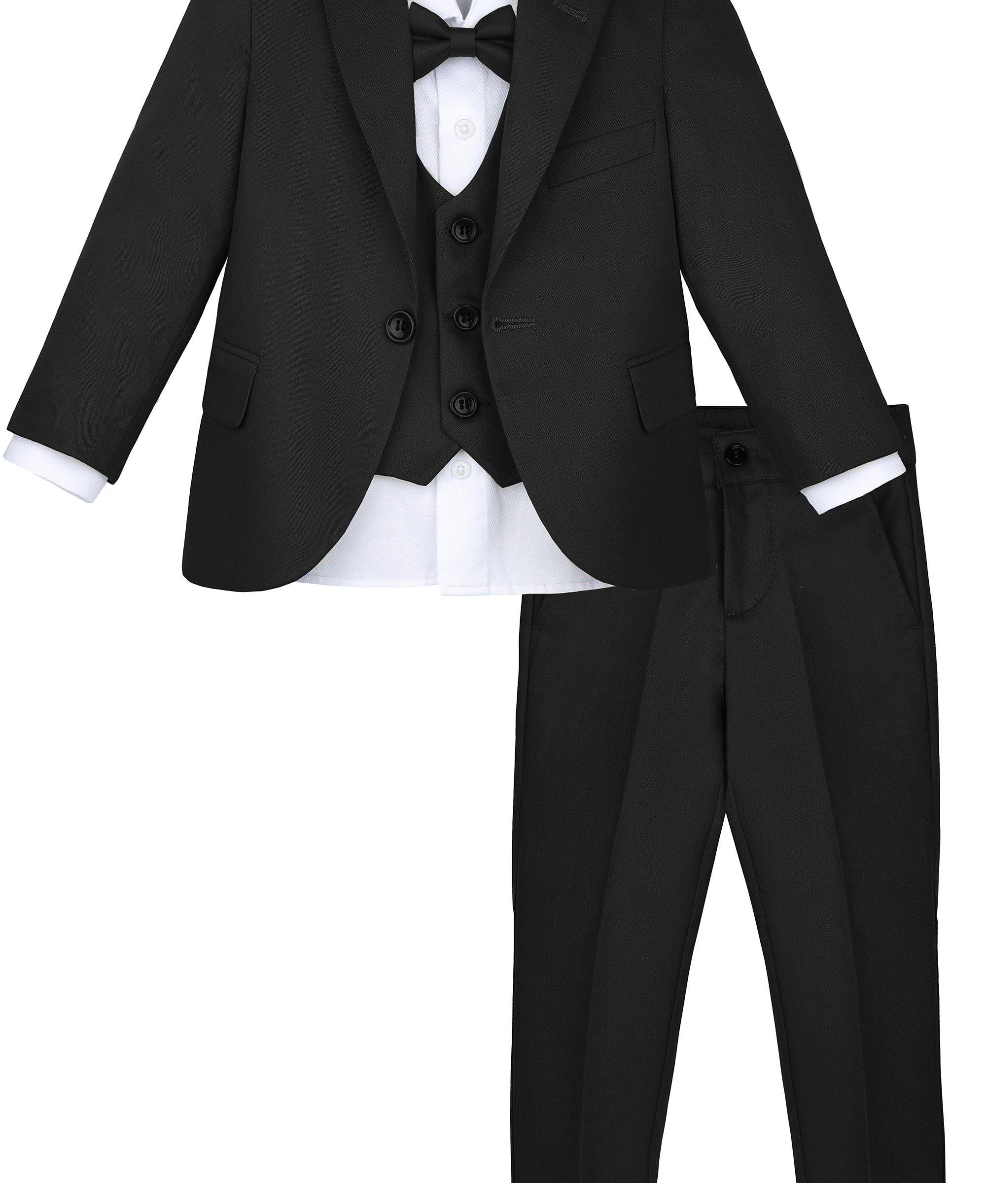 Boys 5 piece tuxedo suit with jacket, shirt, pants, vest and bow tie; perfect for baby boy clothes & christmas gift ideas  