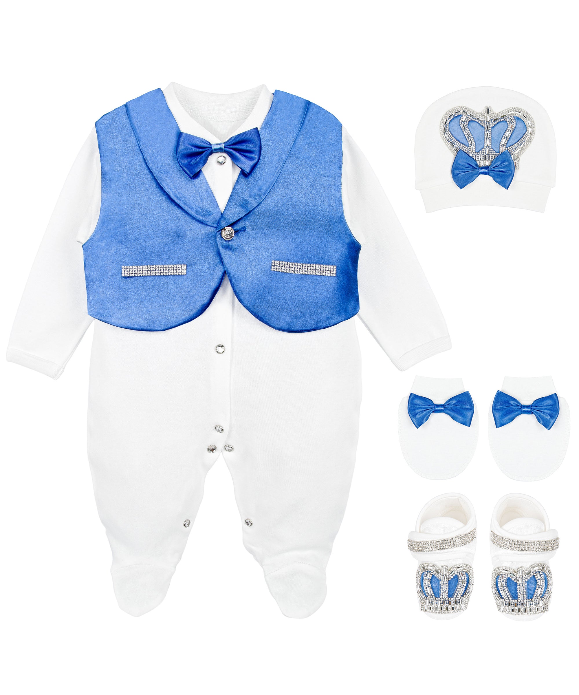 Jeweled crown newborn layette with footie, hat, mittens with bows, & shoes; perfect for Christmas gift ideas