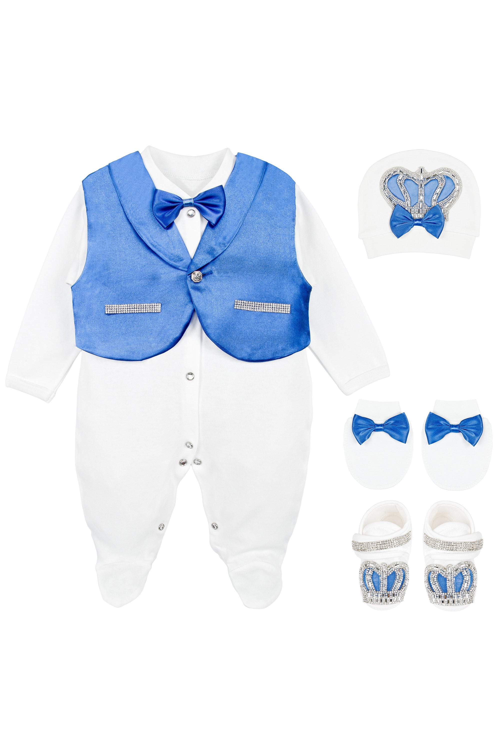 Jeweled crown newborn layette with footie, hat, mittens with bows, & shoes; perfect for Christmas gift ideas