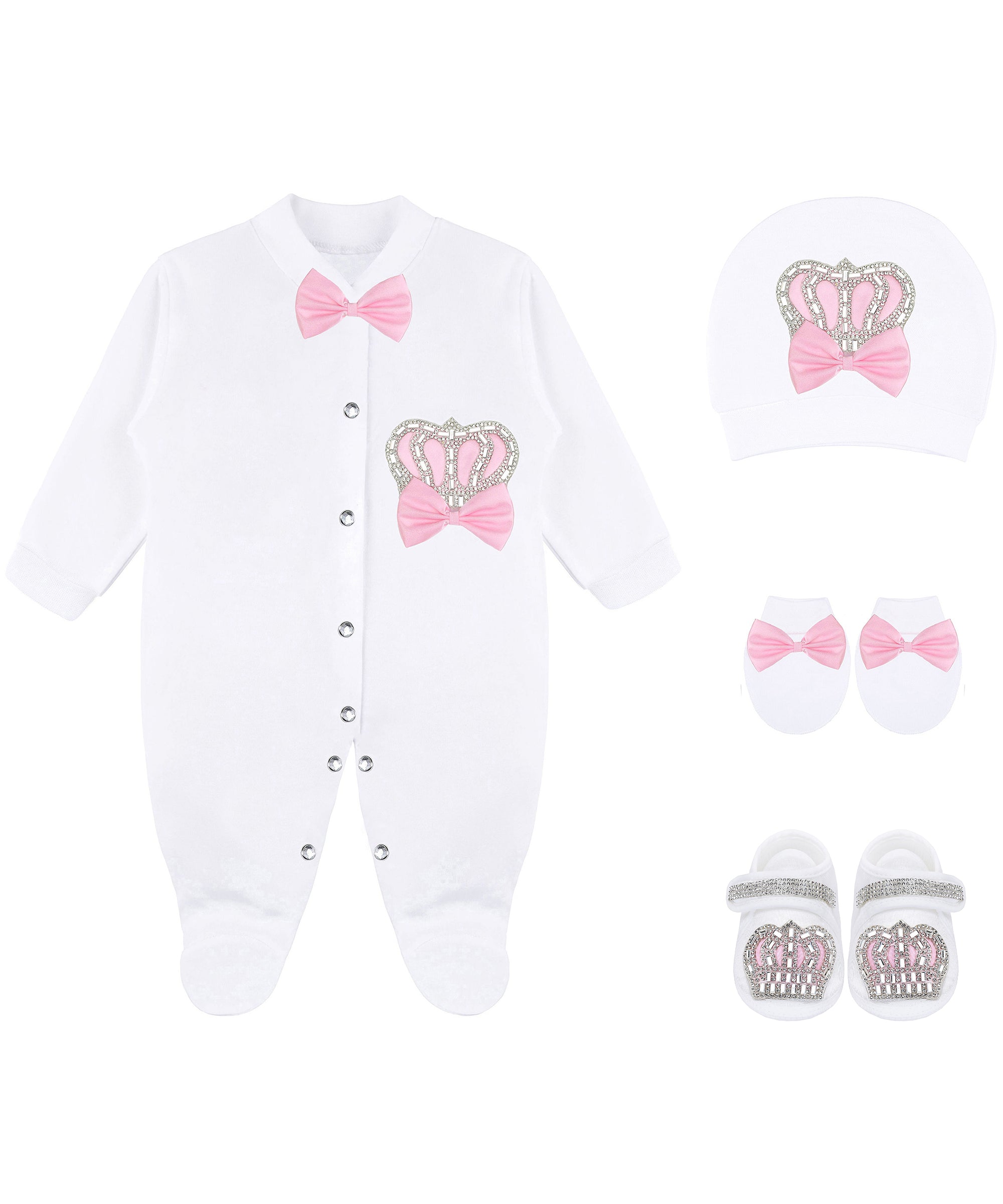 Jeweled crown newborn layette with footie, hat, mittens with bows; perfect christmas pajamas and Christmas gift ideas