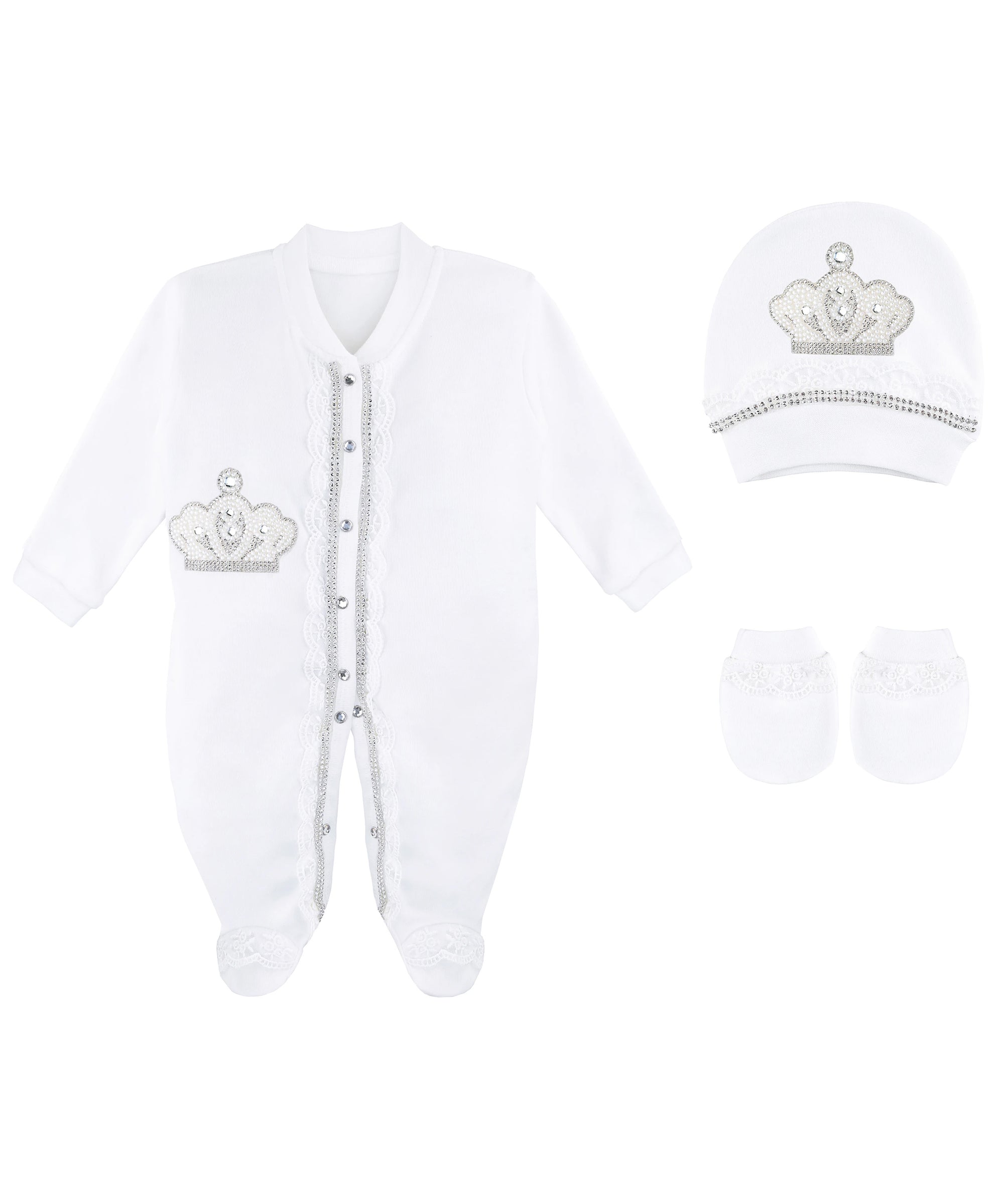 Jeweled crown newborn layette with footie, hat, mittens with bows; perfect christmas pajamas and Christmas gift ideas