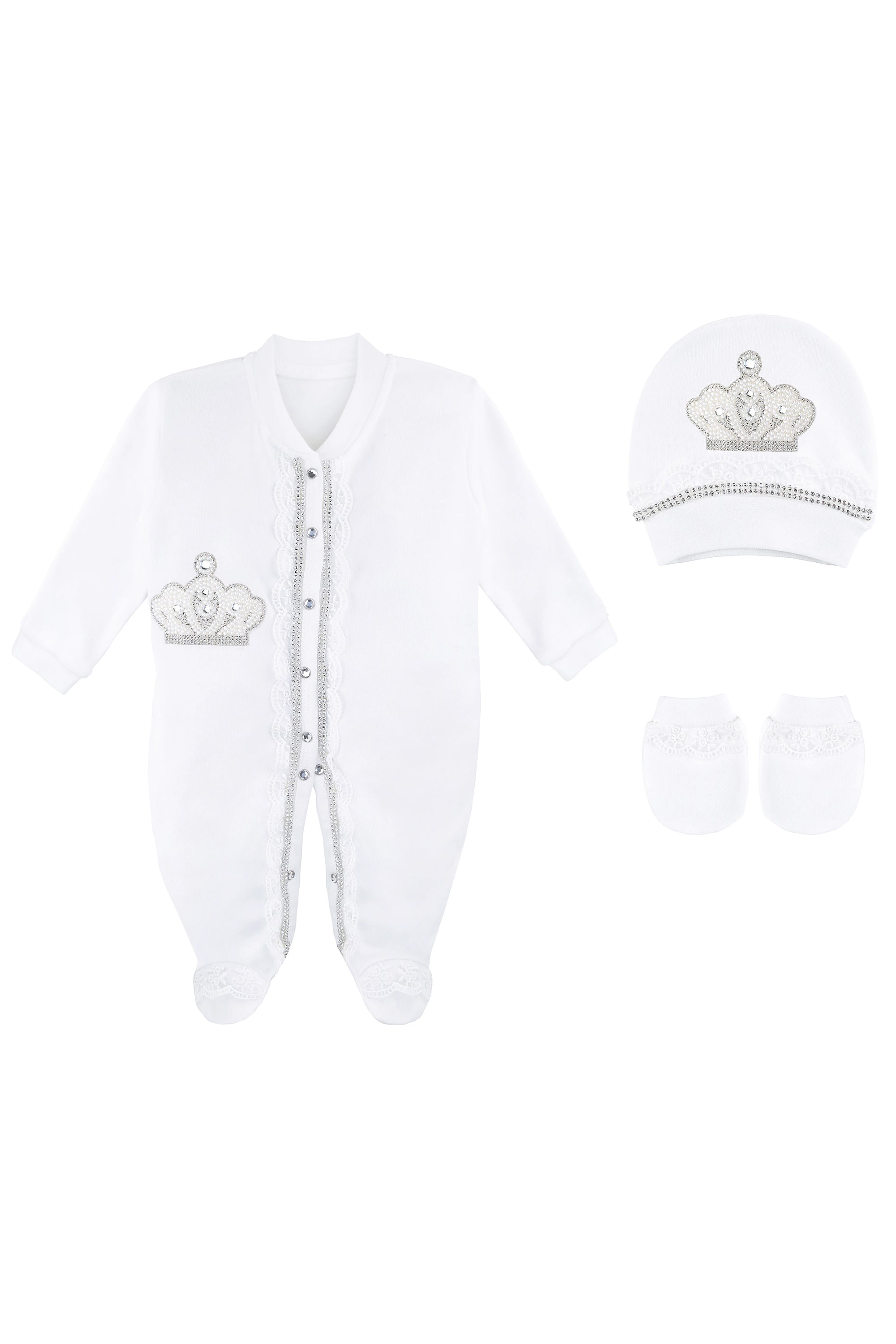 Jeweled crown newborn layette with footie, hat, mittens with bows; perfect christmas pajamas and Christmas gift ideas