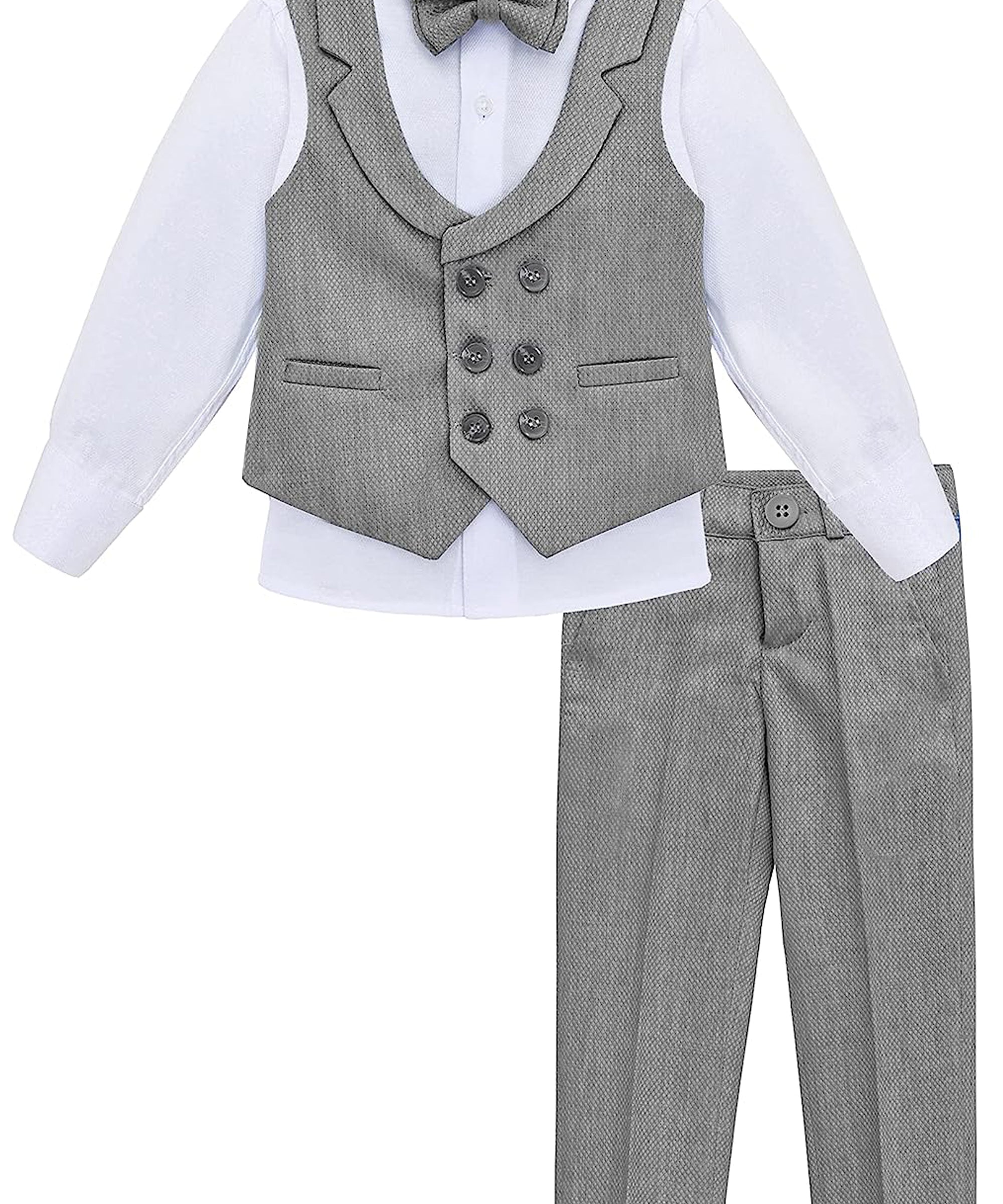 Boys 4 piece tuxedo suit with shirt, pants, vest and bow tie; perfect for baby boy clothes & christmas gift ideas  