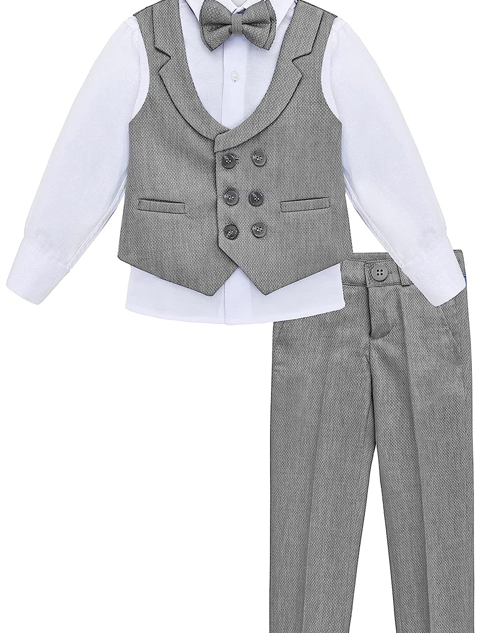 Boys 4 piece tuxedo suit with shirt, pants, vest and bow tie; perfect for baby boy clothes & christmas gift ideas  