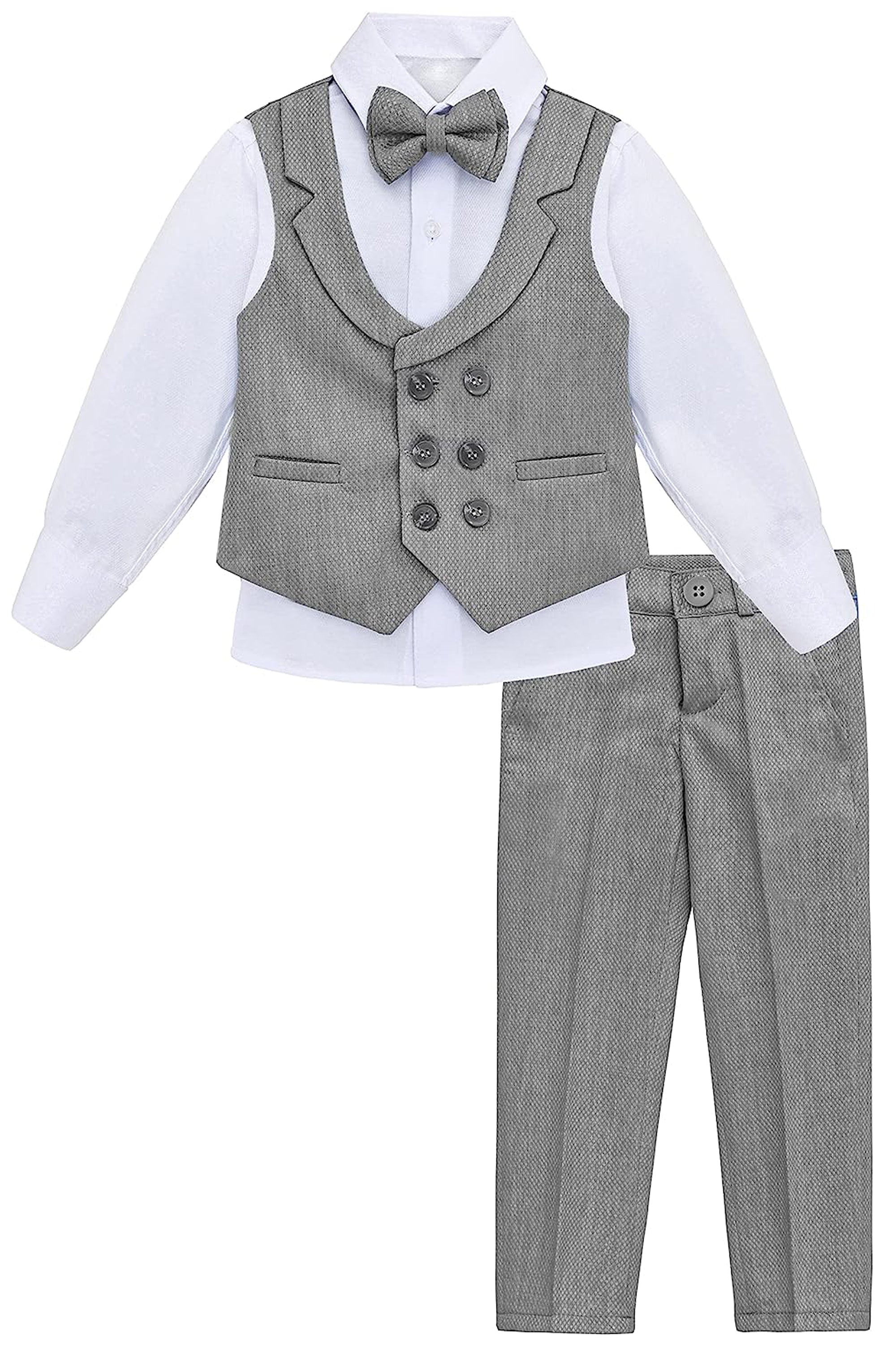 Little & Youth Boys Formal Suit Set Slim Fit Vest, White Dress Shirt, Dress Pants and Bowtie 4 Piece LILAX