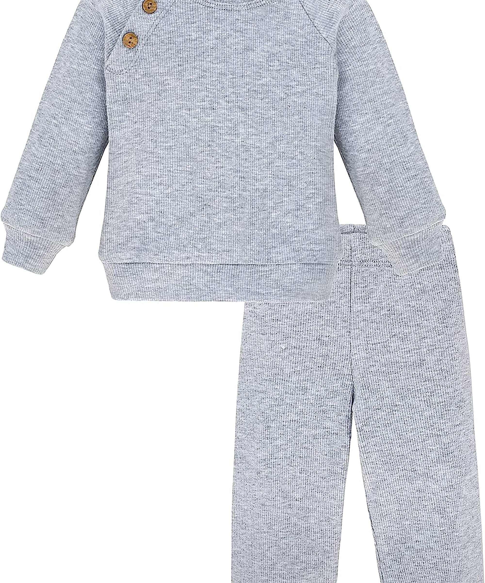 Boys matching ribbed sweatshirt with 3 shoulder buttons and sweatpants set; perfect for baby boy clothes & christmas gift ideas  