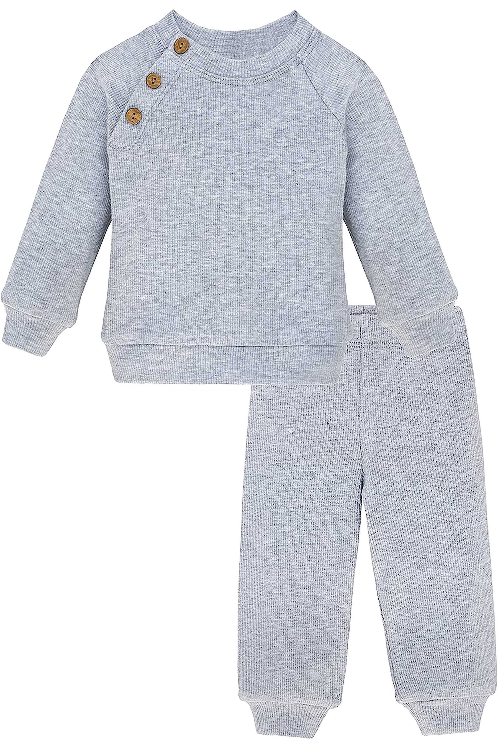 Boys matching ribbed sweatshirt with 3 shoulder buttons and sweatpants set; perfect for baby boy clothes & christmas gift ideas