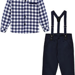 Little Boys' Trendy Pant Set - Plaid Dress Shirt, Pants, Bowtie, and Schoulders Strap LILAX