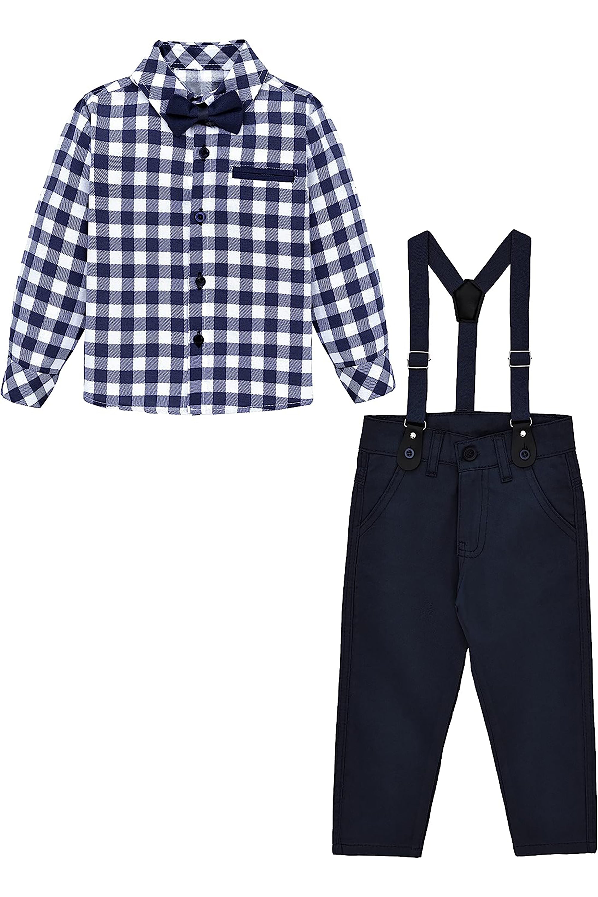 Little Boys' Trendy Pant Set - Plaid Dress Shirt, Pants, Bowtie, and Schoulders Strap LILAX