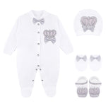 Jeweled crown newborn layette with footie, hat, mittens with bows; perfect christmas pajamas and christmas gift ideas