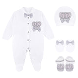 Jeweled crown newborn layette with footie, hat, mittens with bows; perfect christmas pajamas and christmas gift ideas