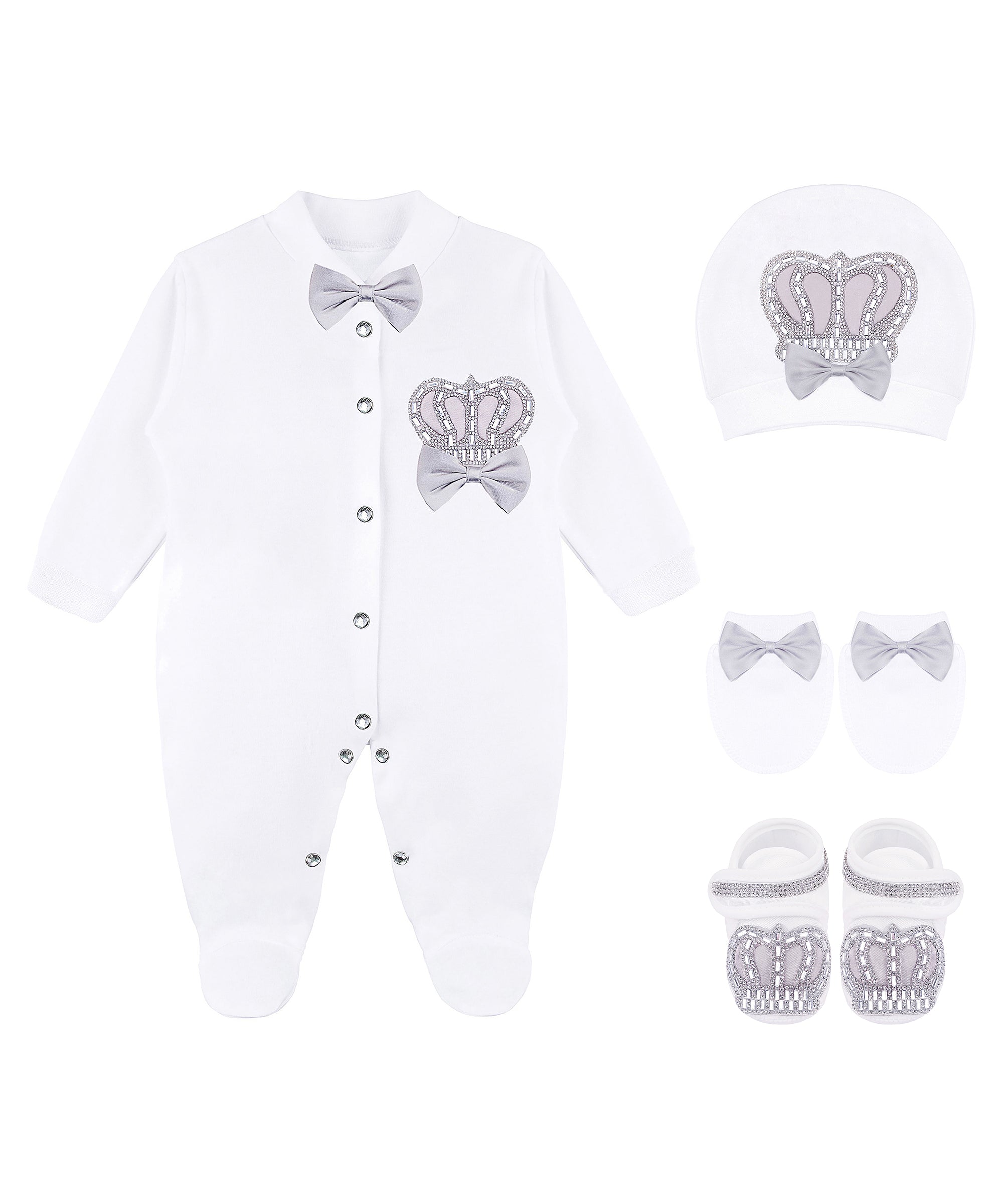 Jeweled crown newborn layette with footie, hat, mittens with bows; perfect christmas pajamas and christmas gift ideas