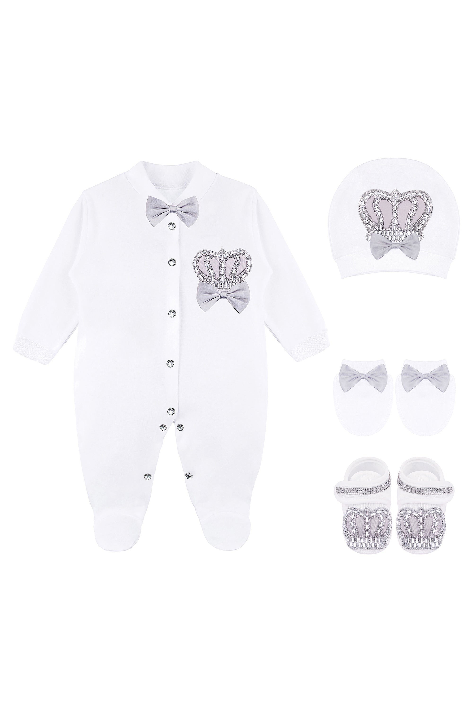 Jeweled crown newborn layette with footie, hat, mittens with bows; perfect christmas pajamas and christmas gift ideas