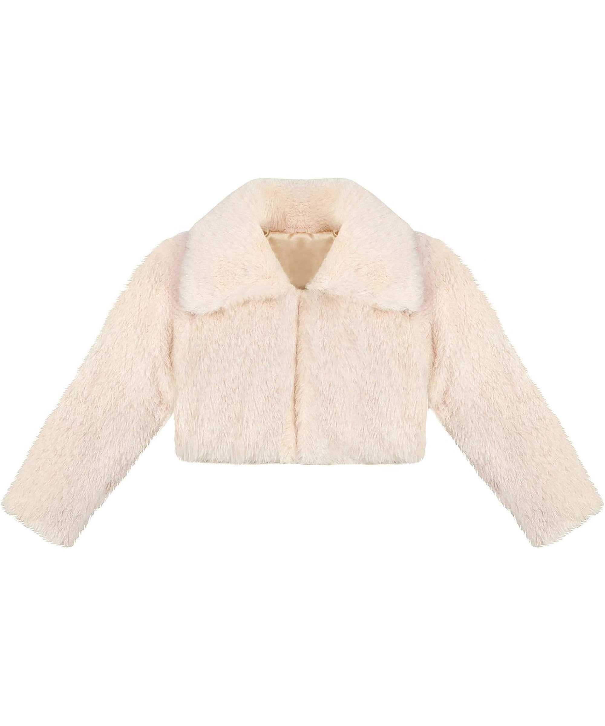 Puffy cozy girls’ bolero jacket with oversized collar and tied bow; perfect girls christmas dress and Christmas gift ideas 