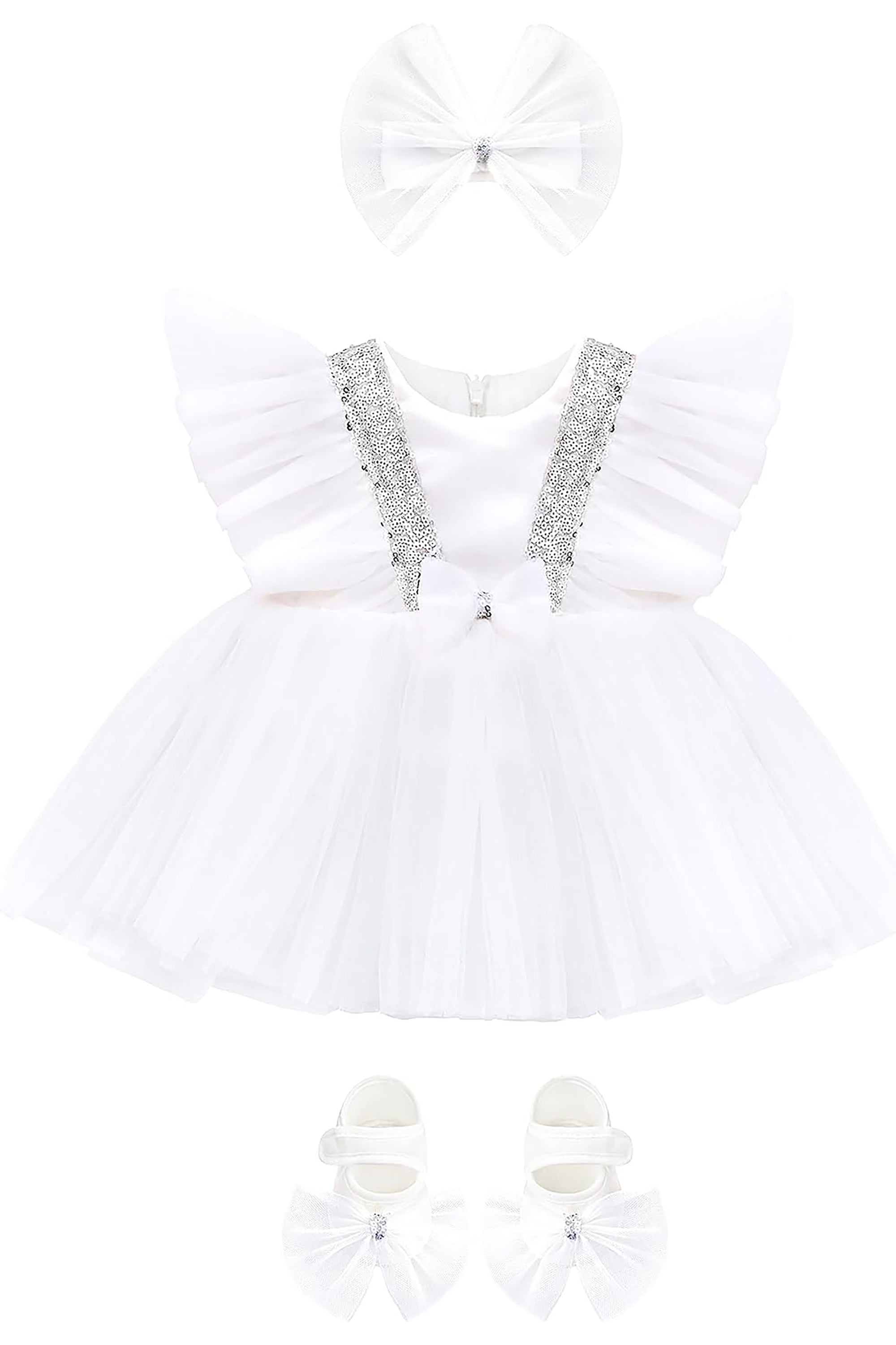 Baby Girls' Sequined Tulle Dress Ruffle Sleeve 3 Piece Gift Set For Newborns LILAX