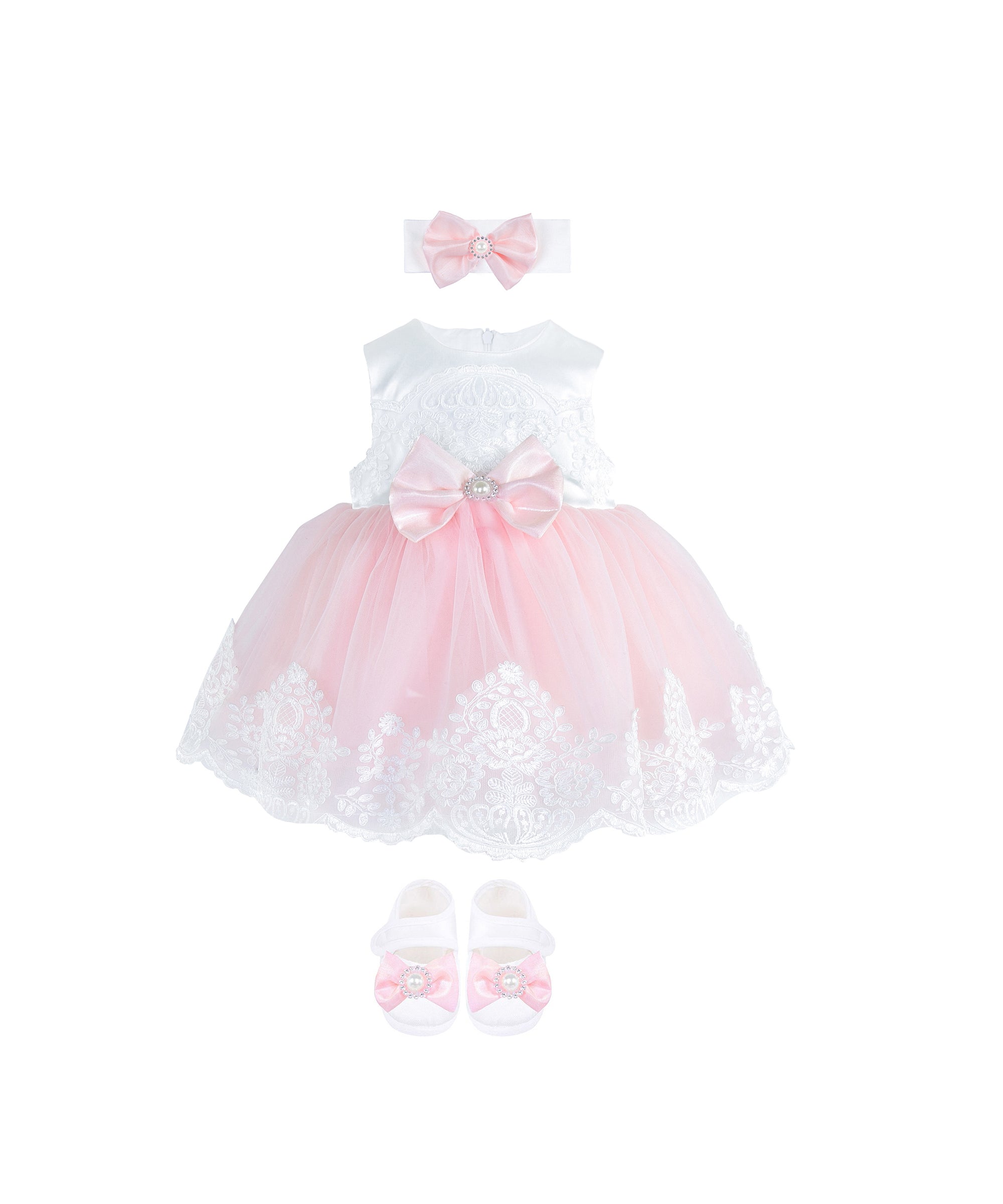 Newborn baby girl dress with lace flower details and  matching headband & shoes; for christening, baptism & Christmas gift ideas 