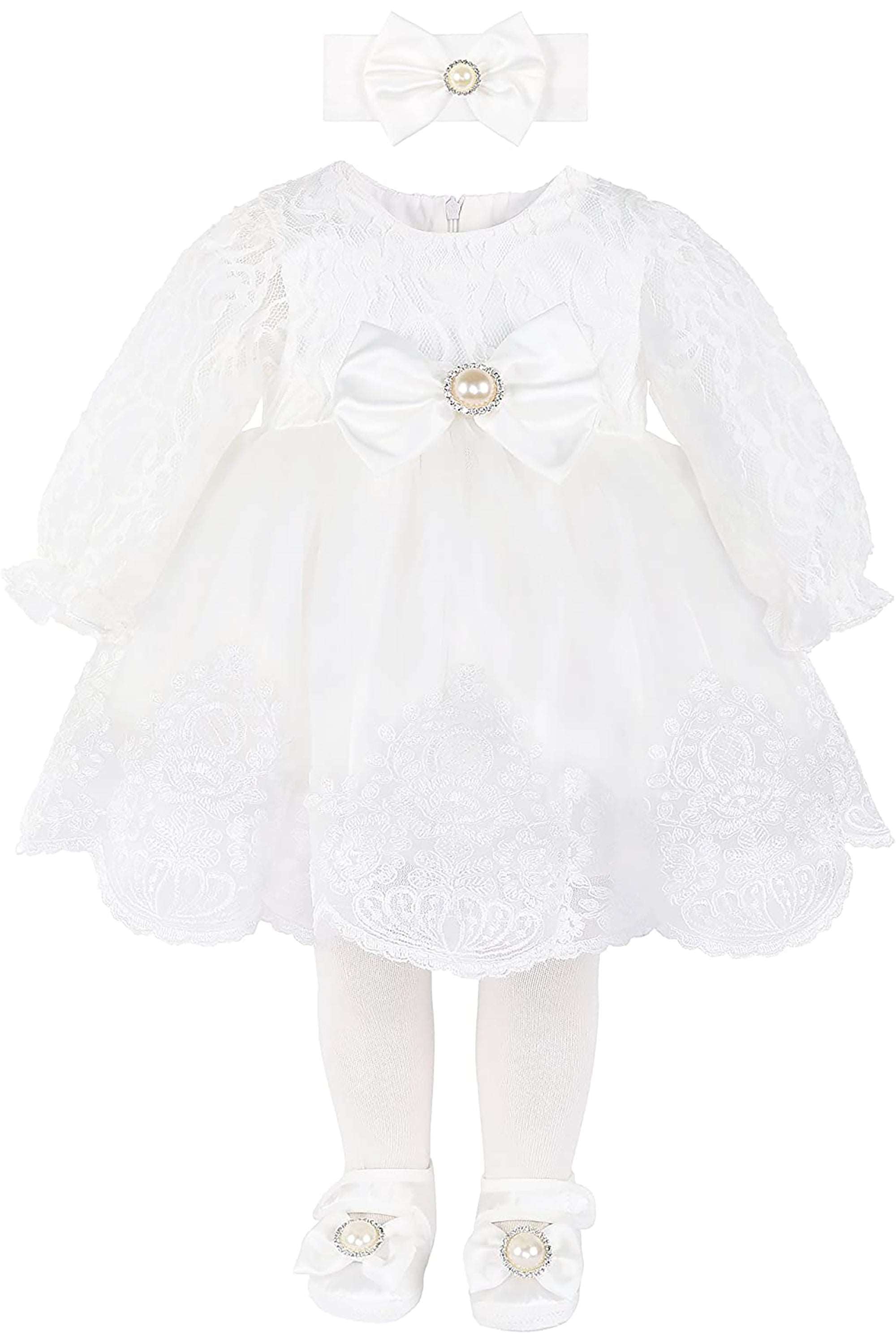 Newborn baby girl dress with lace flower details and  matching headband & shoes; for christening, baptism & Christmas gift ideas 