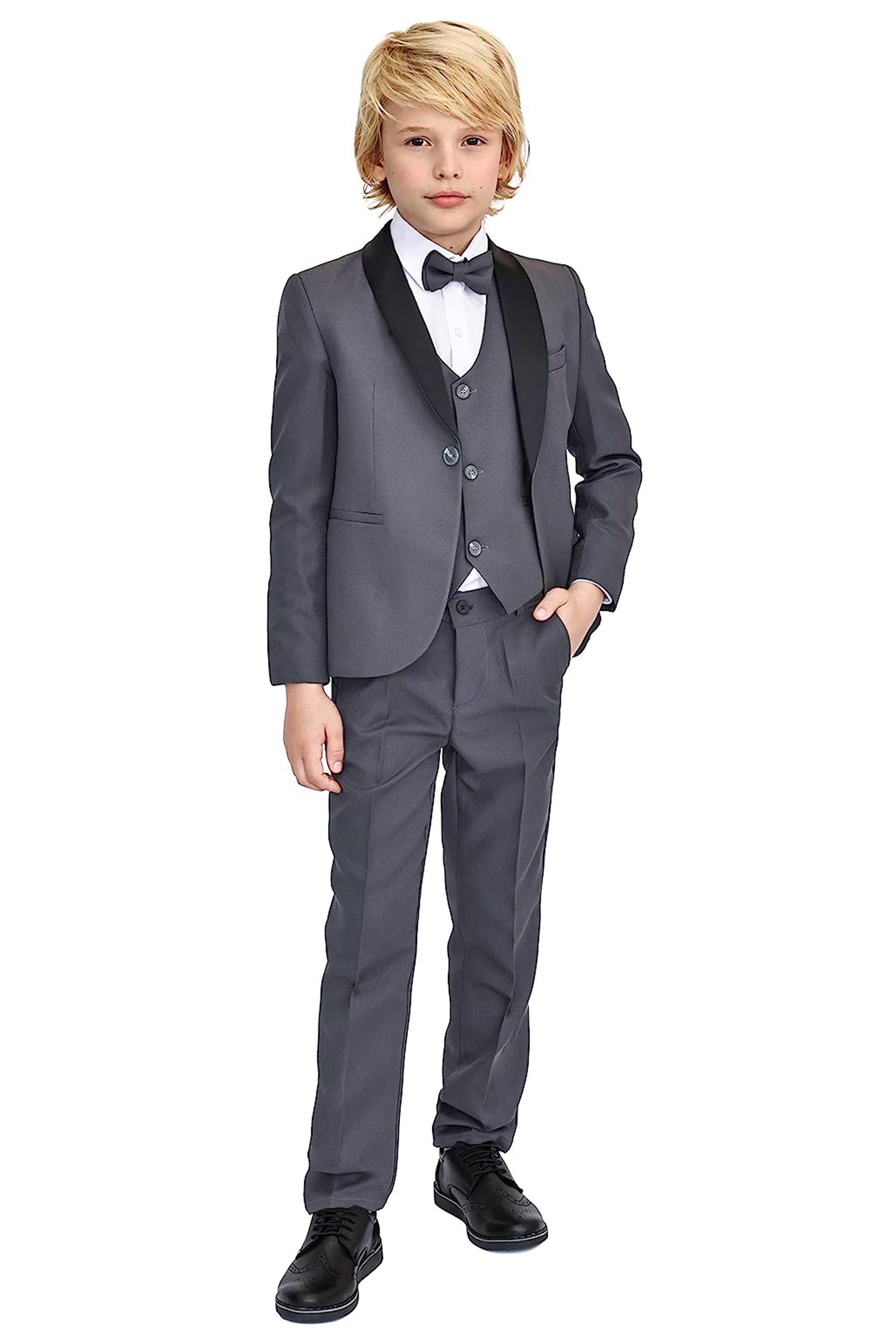 Little & Youth Boys' Satin Detailed Suit Set - Satin Collar Formal Jacket, Vest, Pants, Shirt, and Matching Bowtie - 5-Piece Fashion Set LILAX