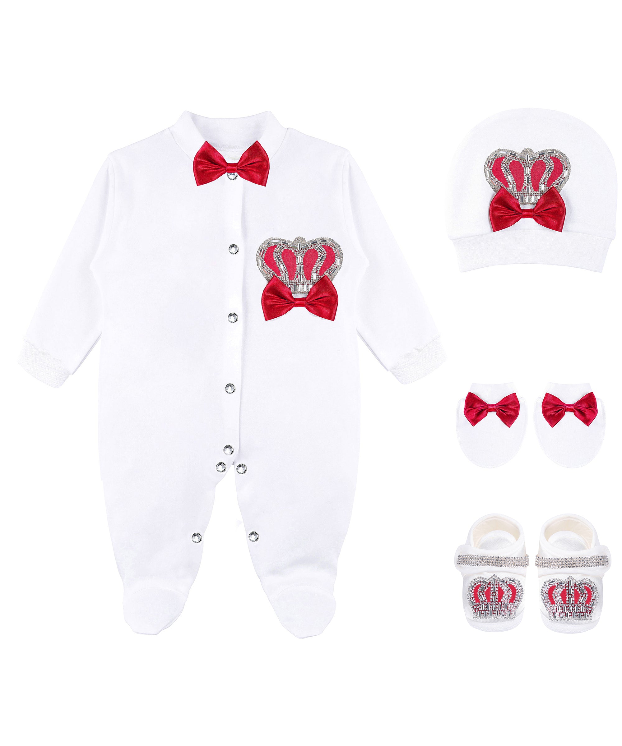 Jeweled crown newborn layette with footie, hat, mittens with bows, shoes; perfect for Christmas gift ideas