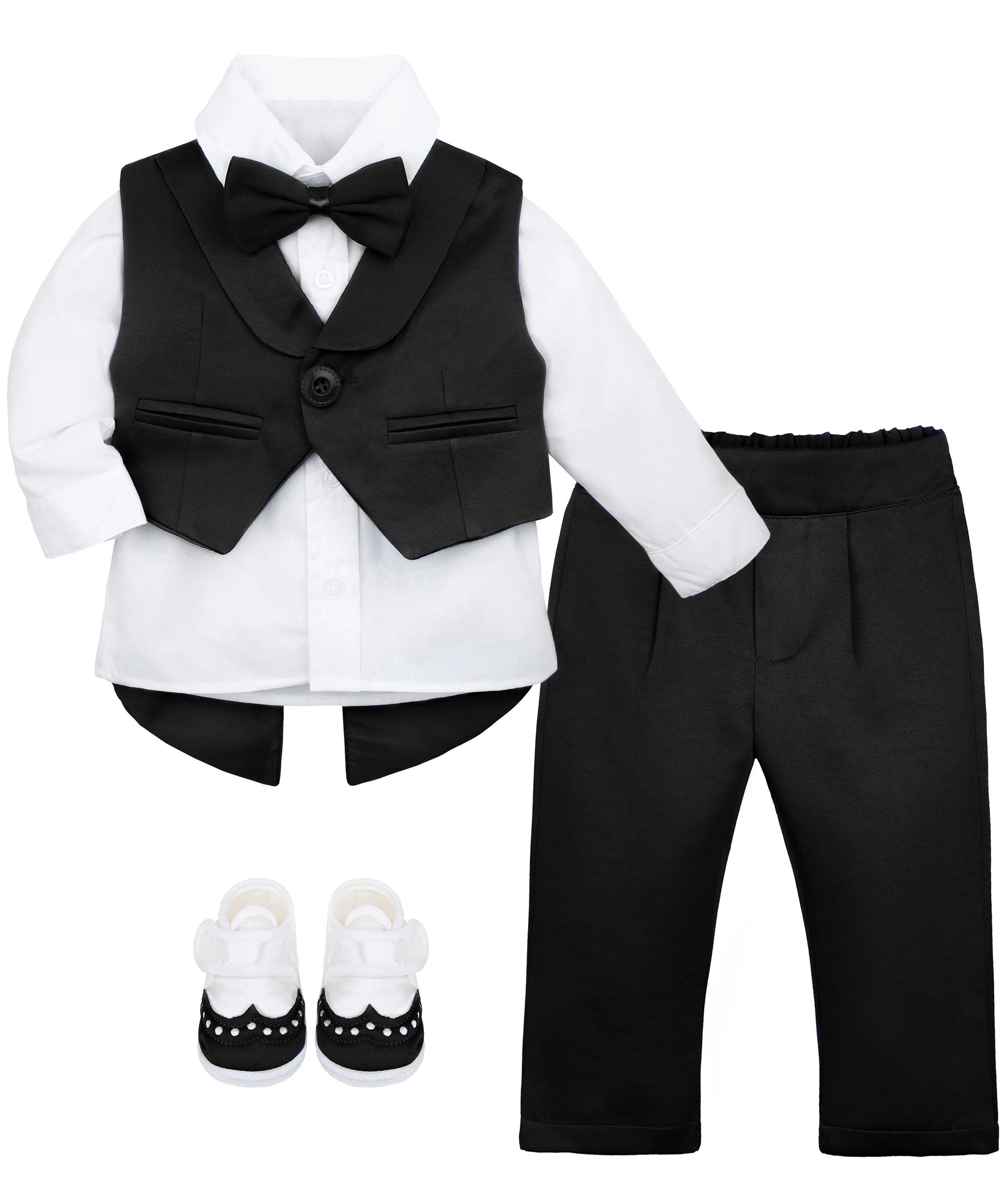 Baby boy 4 piece tuxedo suit with shirt, pants, vest, shoes; perfect for baby boy clothes & christmas gift ideas  